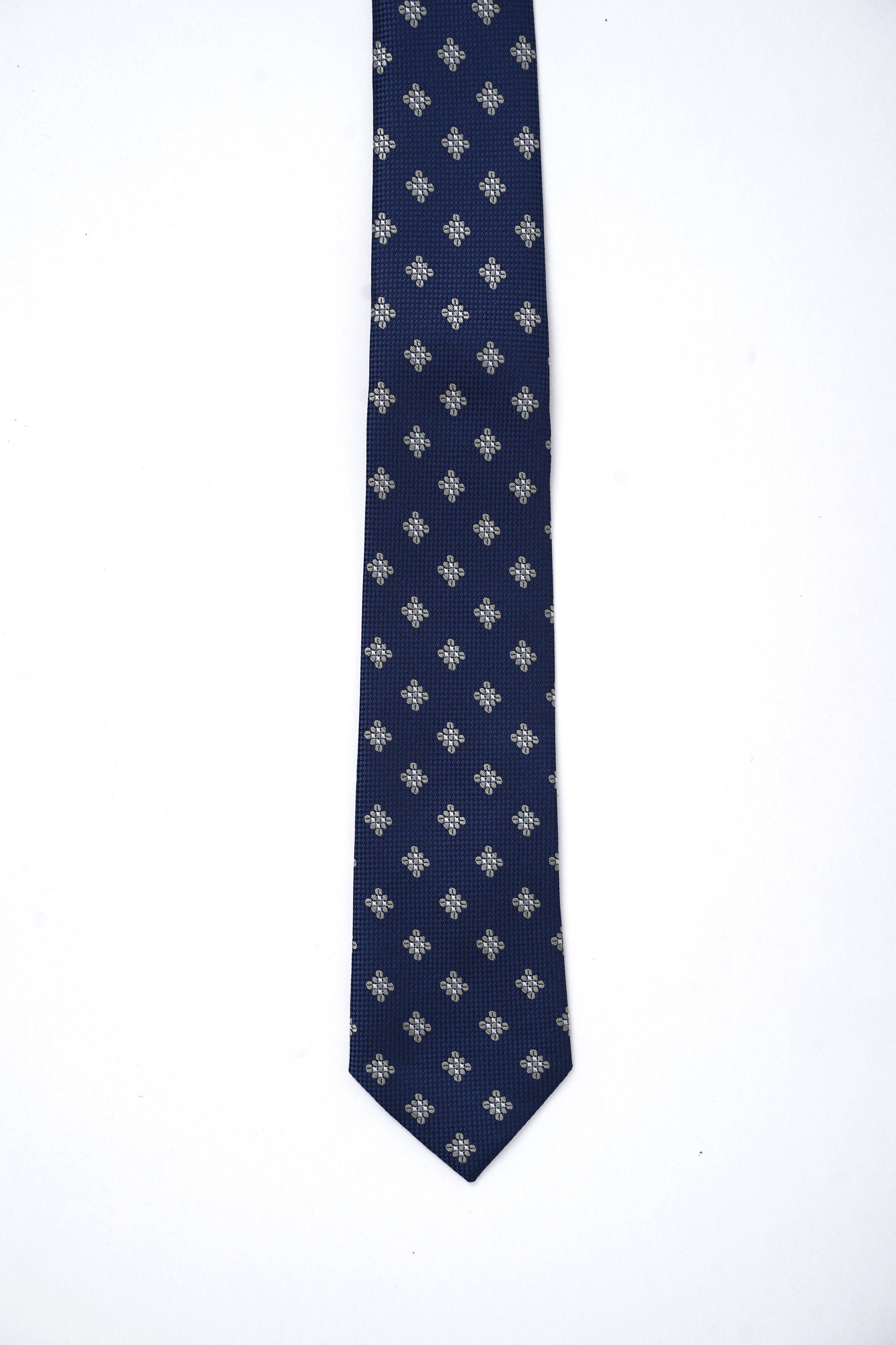 Blue poly silk tie with narrow vertical repeat of small light-gray floral icons