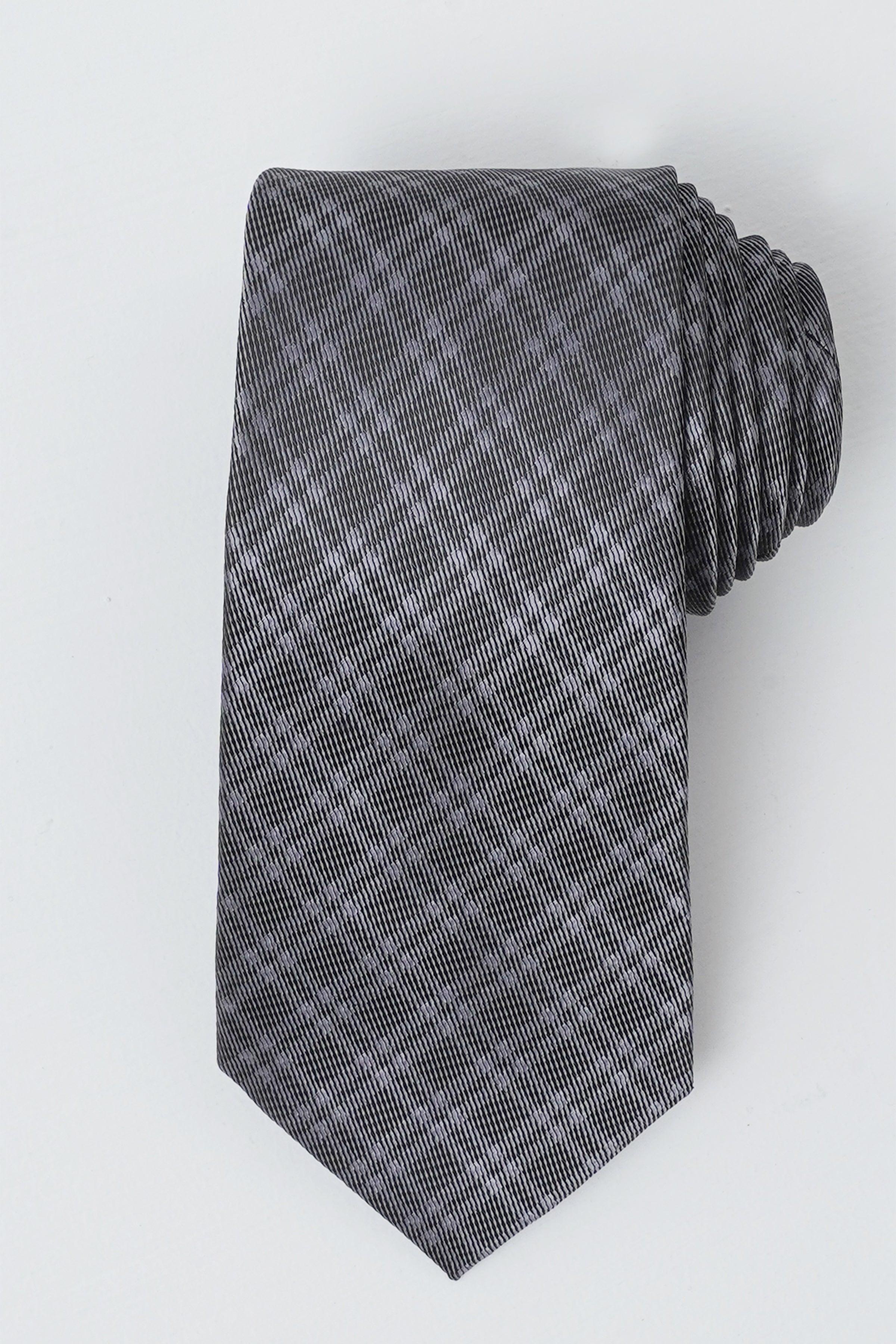 Poly silk tie, dark gray textured weave, narrow end