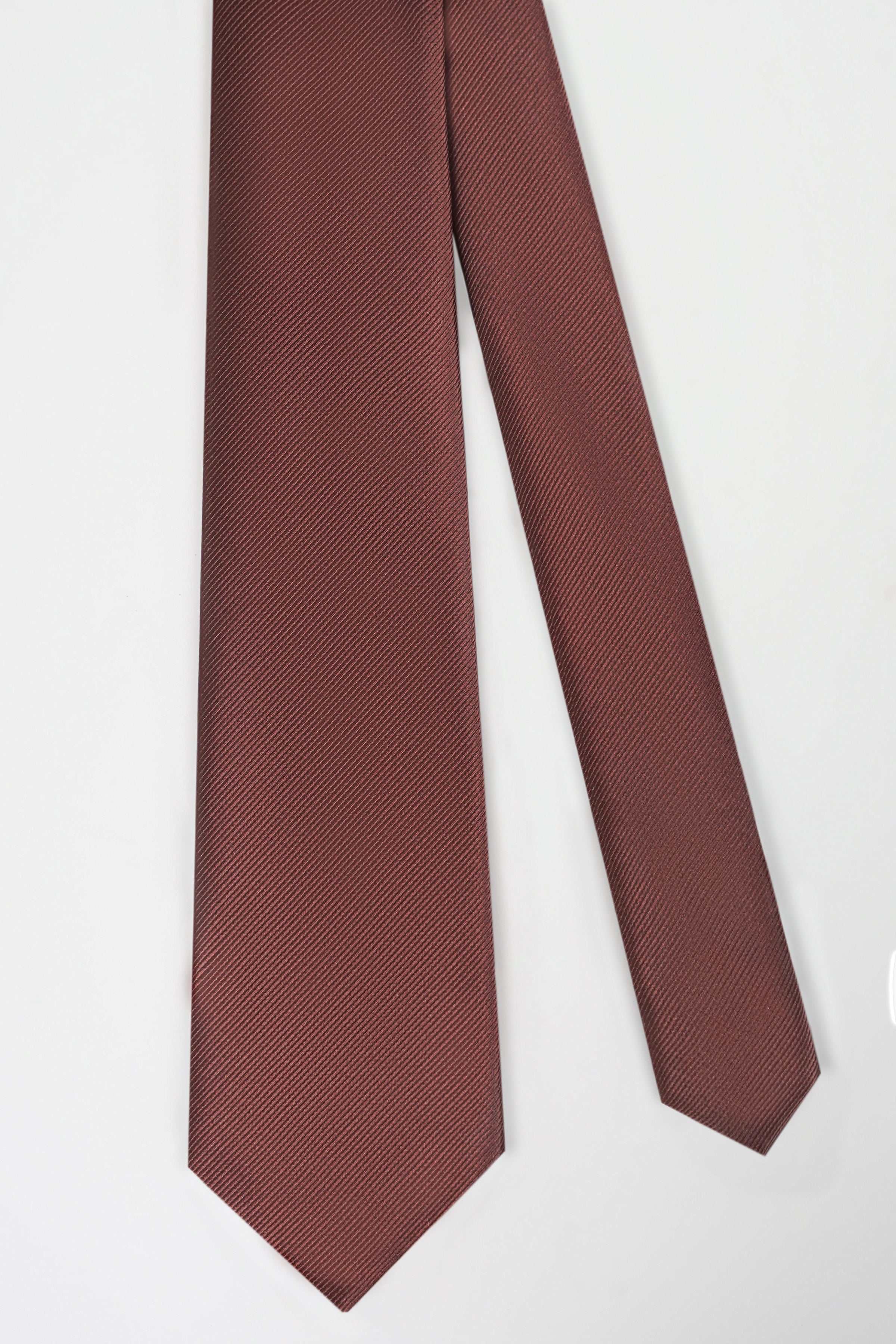 Poly silk necktie, burgundy textured fabric, full length draped view.