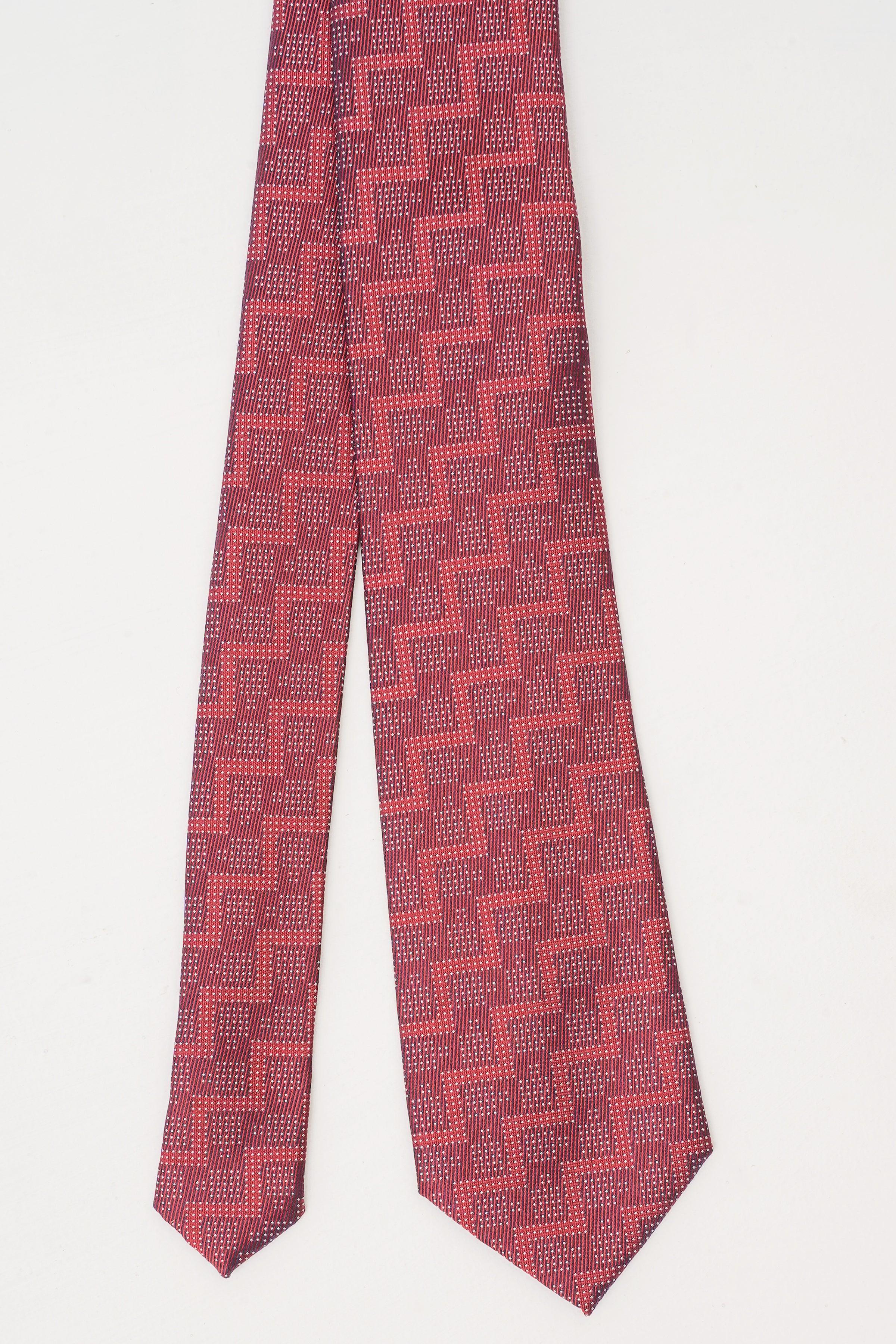 Poly silk tie with burgundy geometric square pattern, hanging view