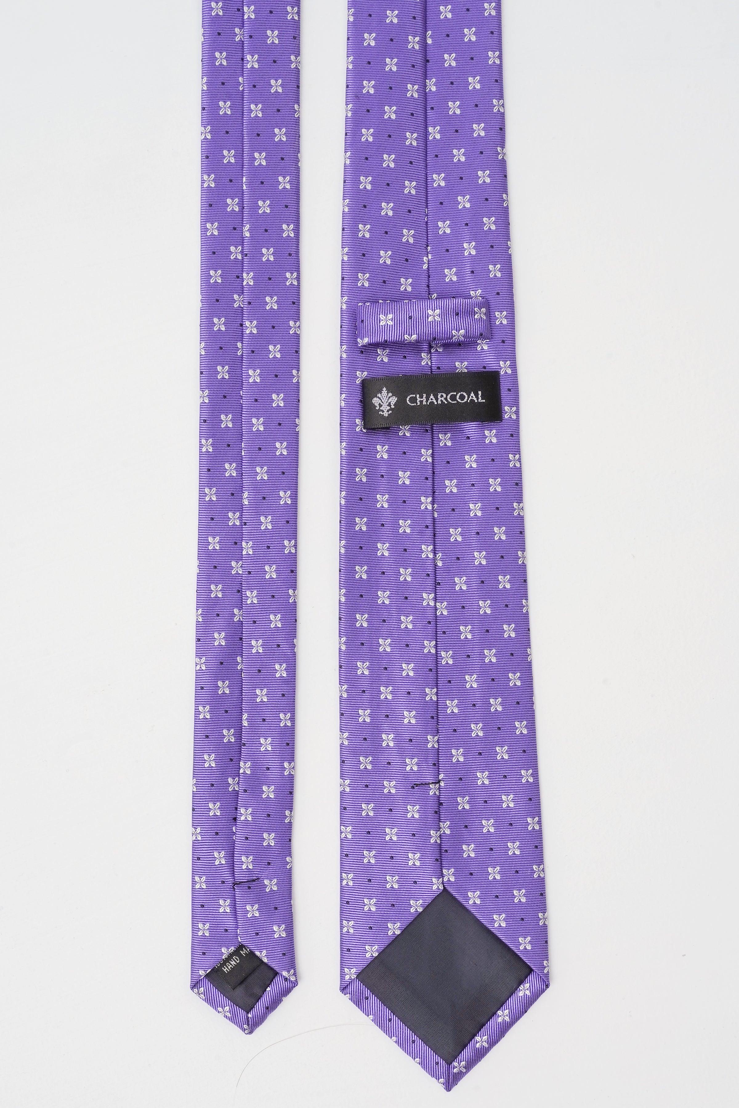 Purple poly silk tie with floral pattern, Charcoal label, pointed ends