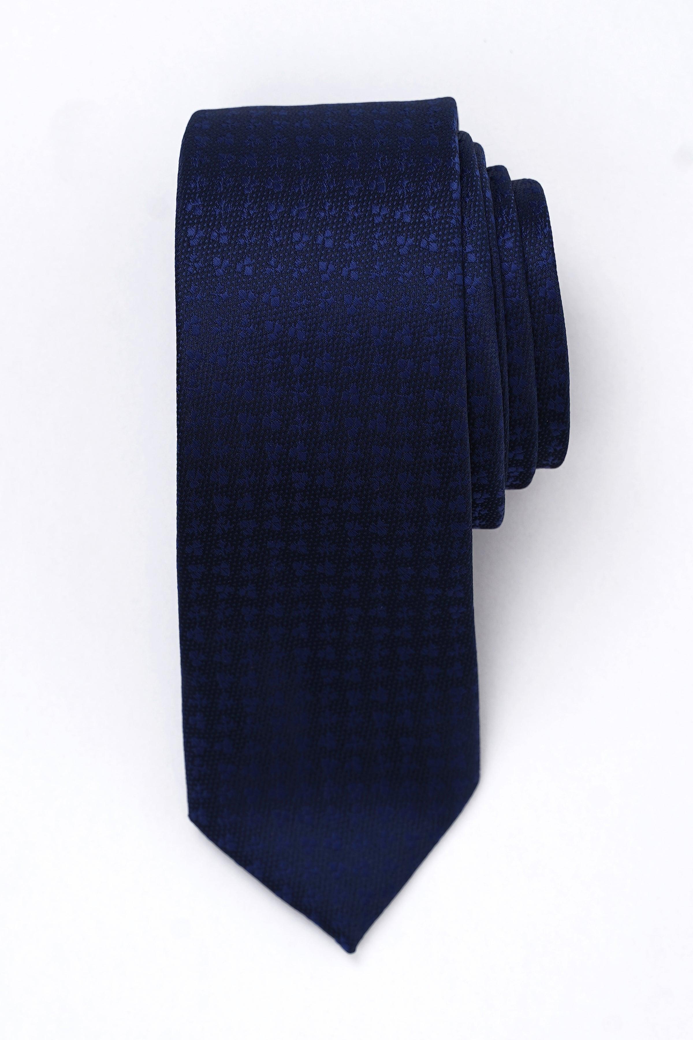 Poly silk tie in dark navy with subtle pattern, classic pointed end