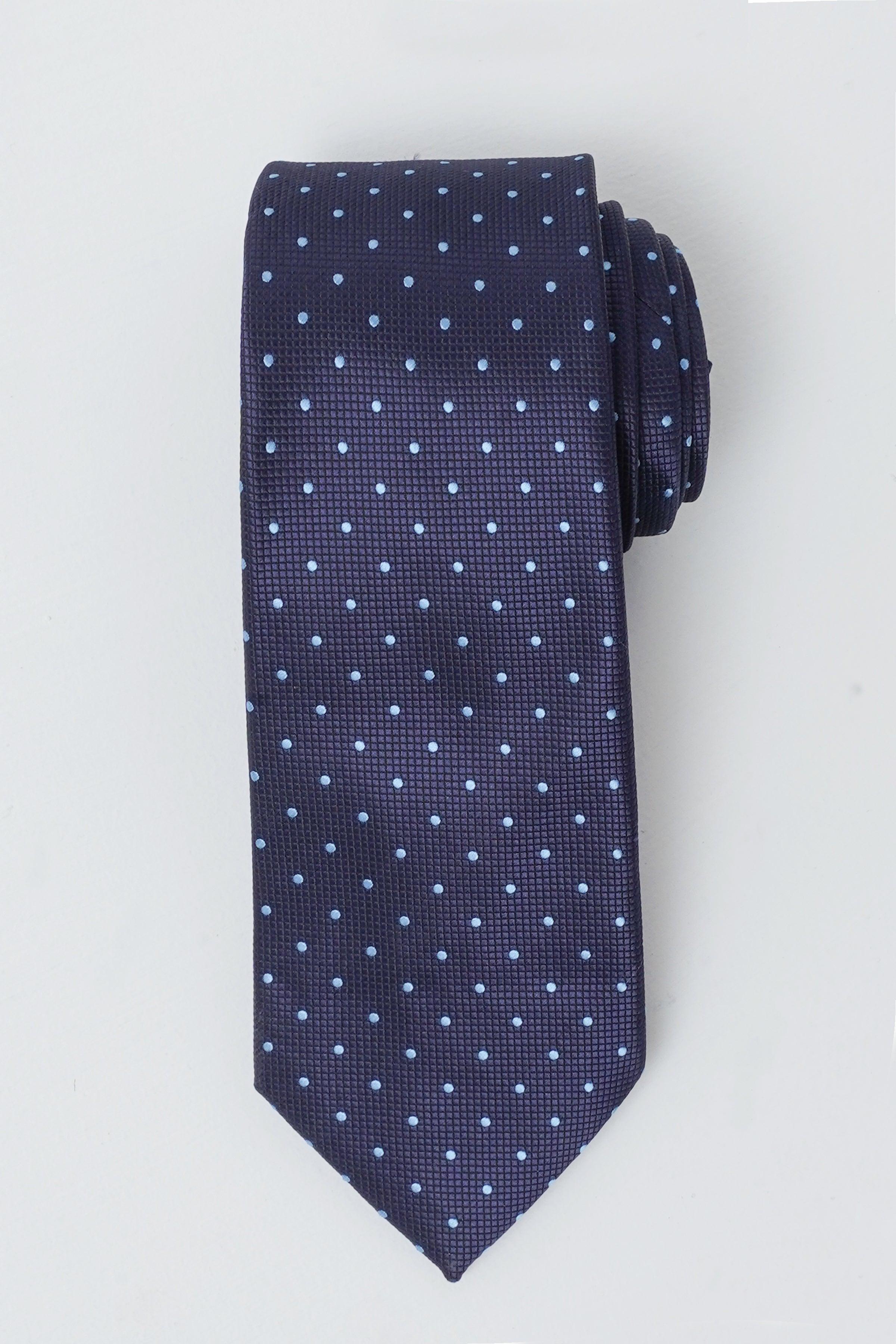 Poly silk tie in dark navy with small white dot pattern