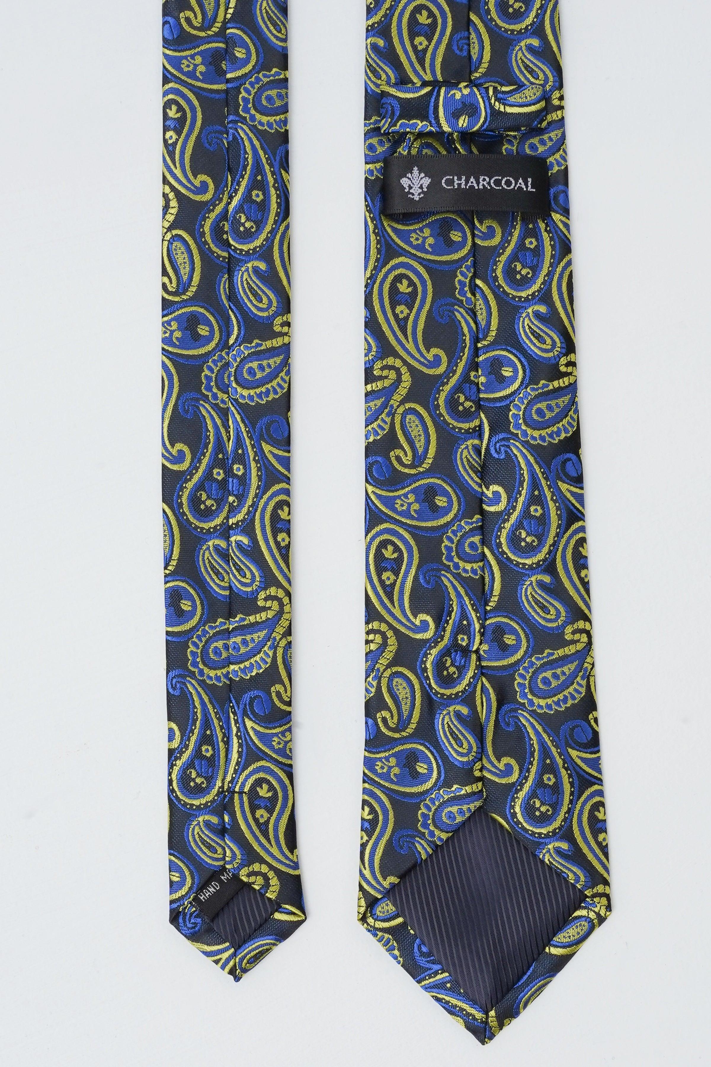 Blue poly silk tie with yellow paisley, charcoal label on back