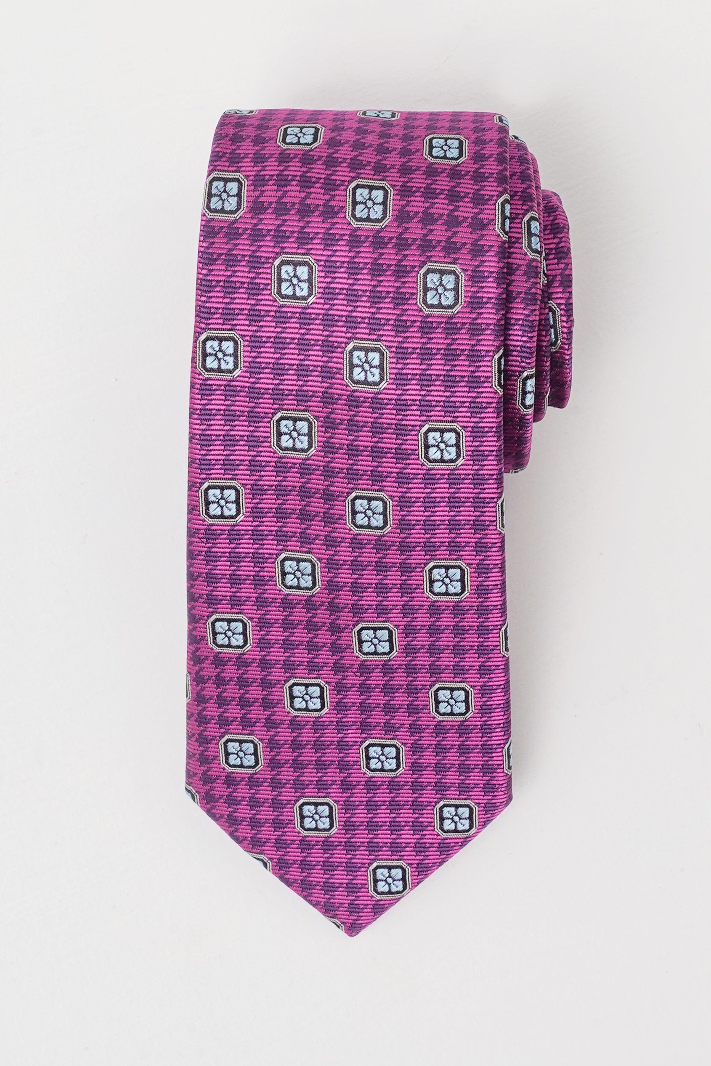 Purple poly silk tie with small square geometric motifs
