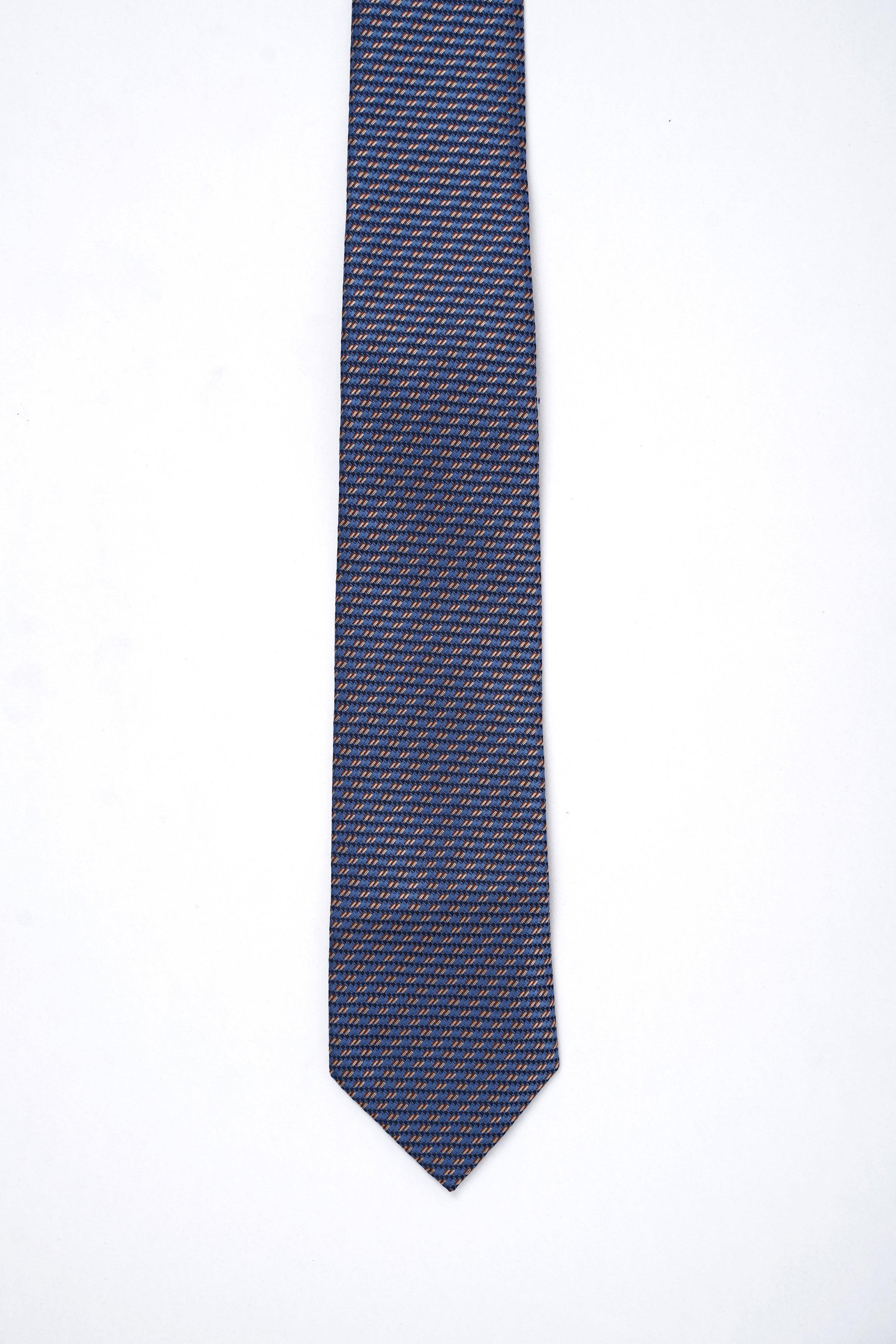 Poly silk tie with narrow woven texture, navy and orange micro-pattern