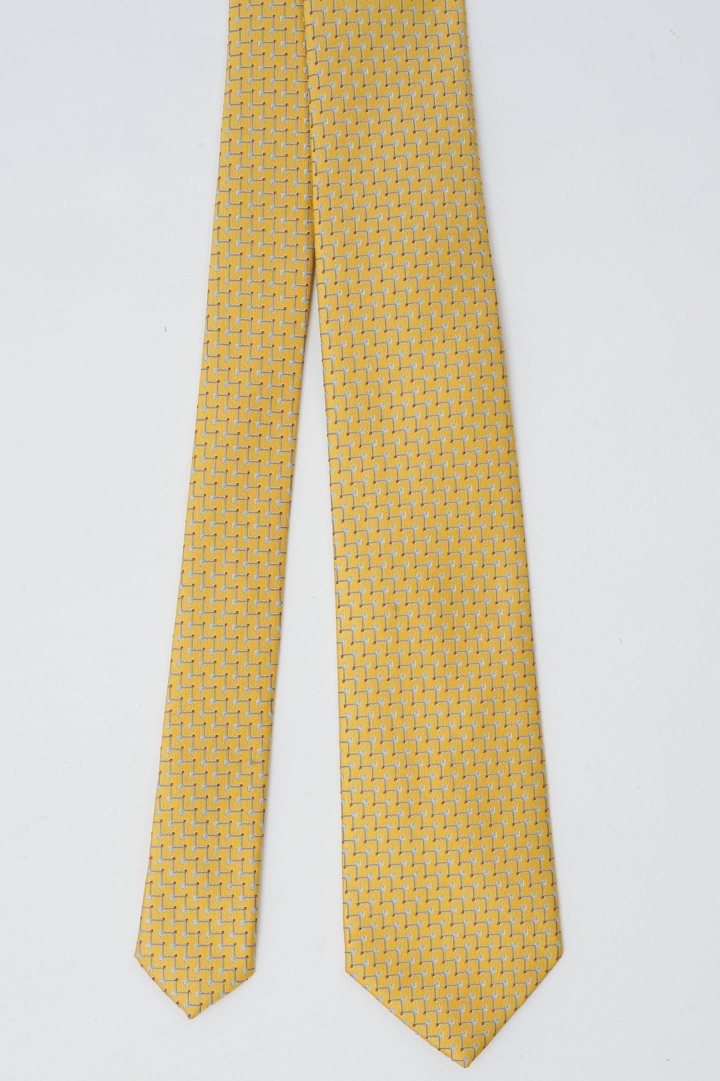 Poly silk tie, yellow geometric pattern with pointed ends