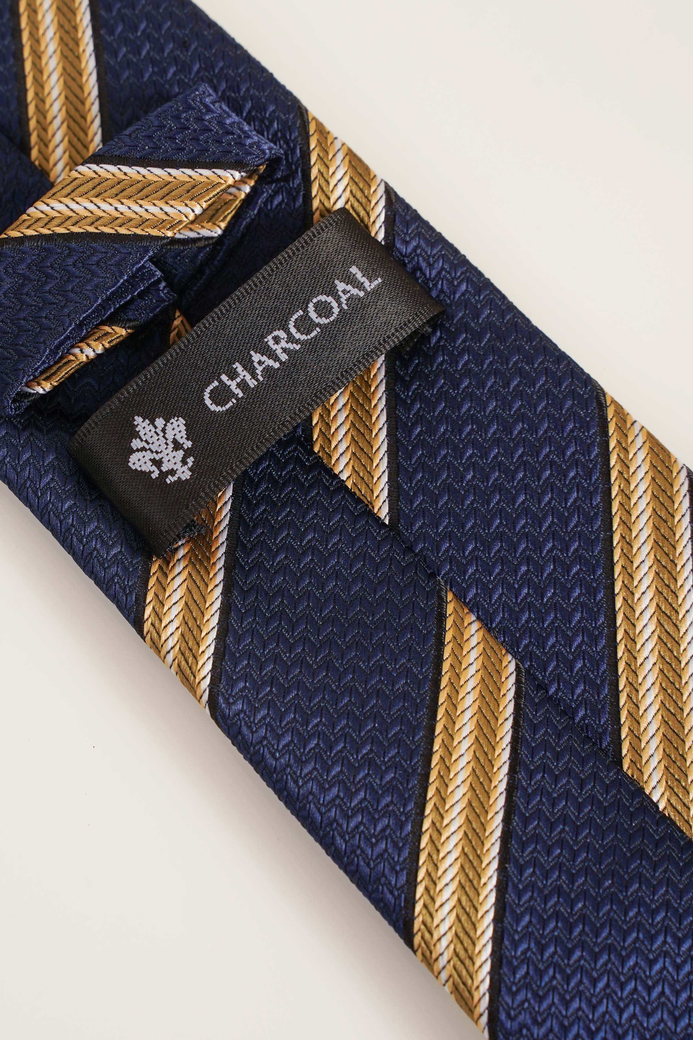 Navy necktie with gold striped bands and CHARCOAL fabric label