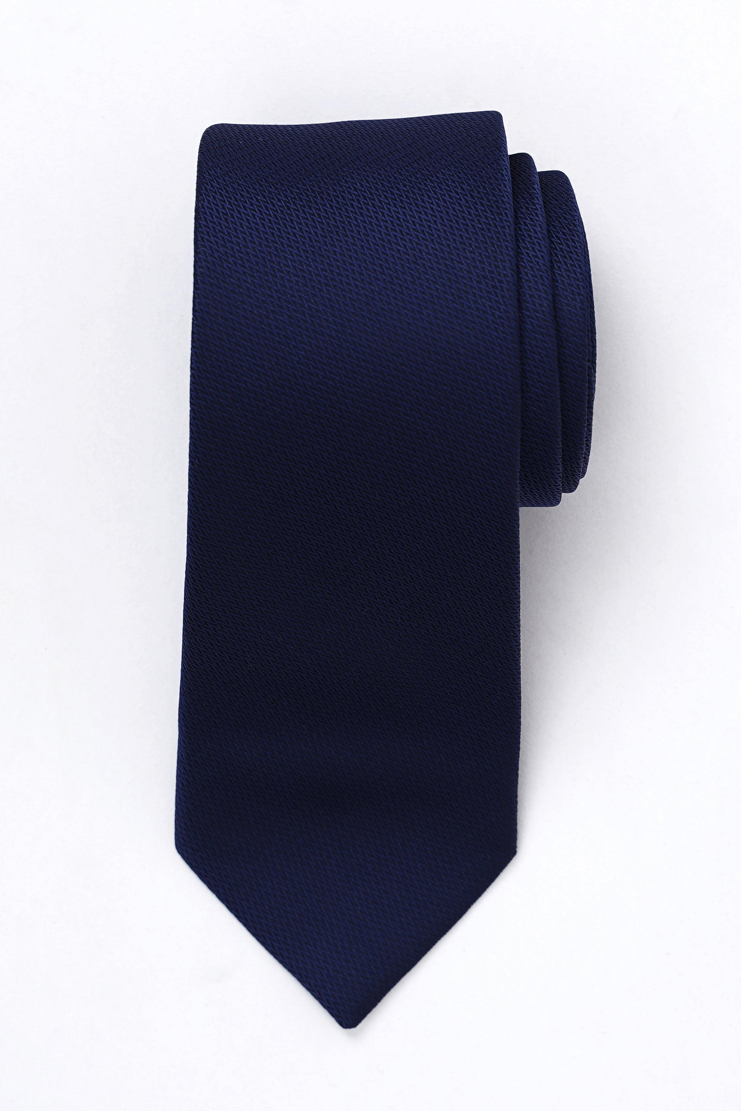Dark navy poly silk necktie with subtle woven texture and pointed tip