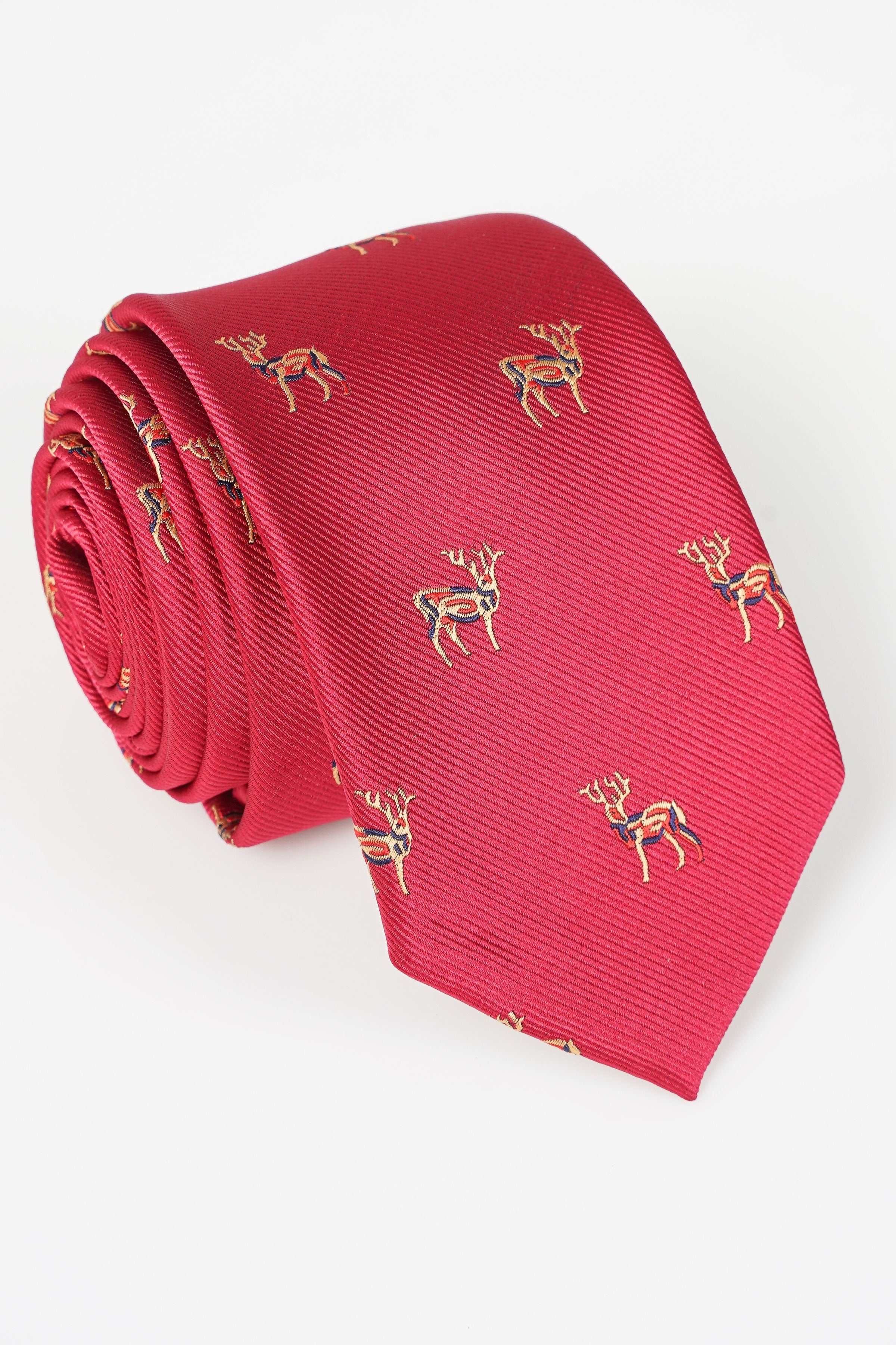 Red poly silk tie, rolled end, small gold animal pattern
