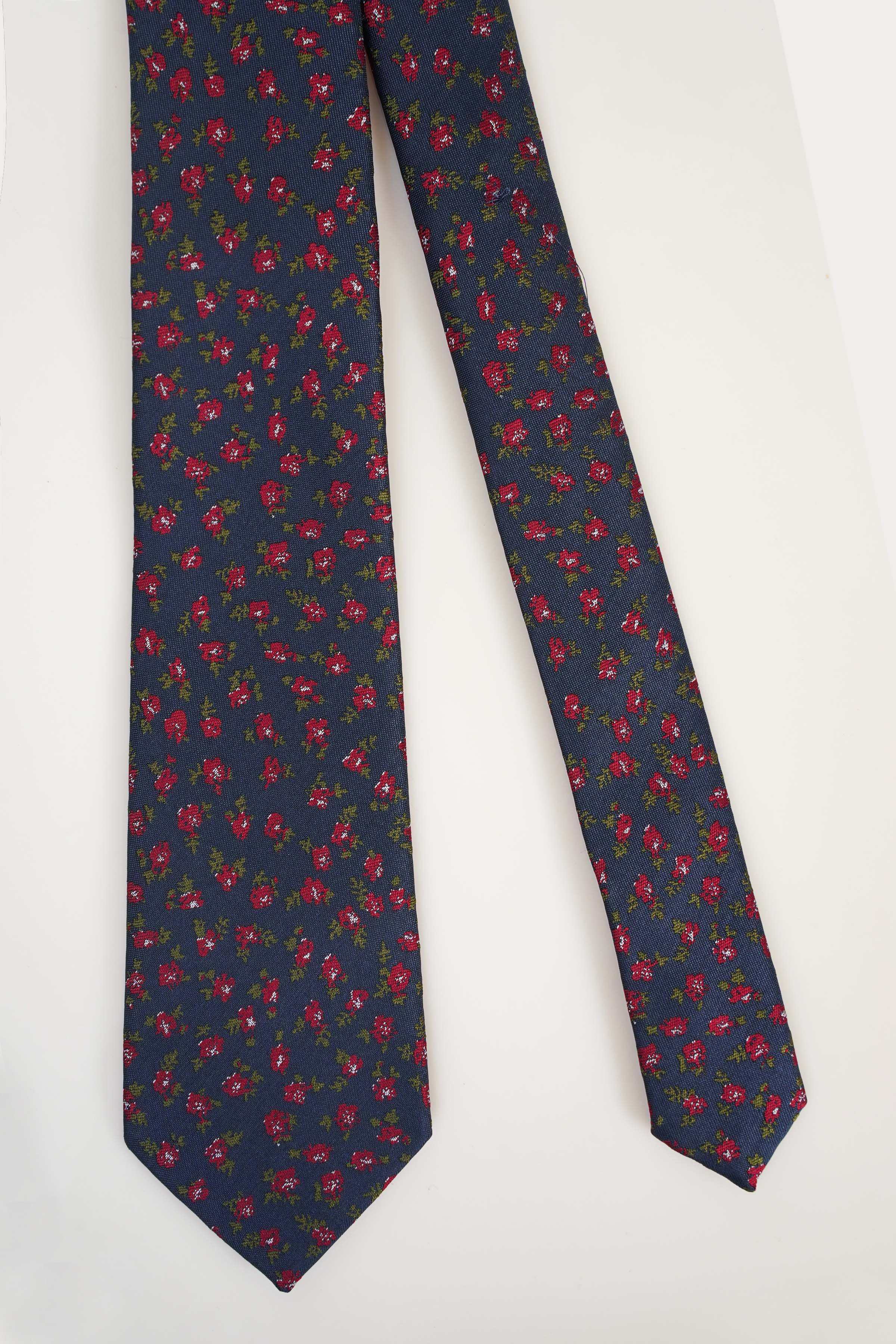 Navy poly silk tie, full length view with red and green floral pattern