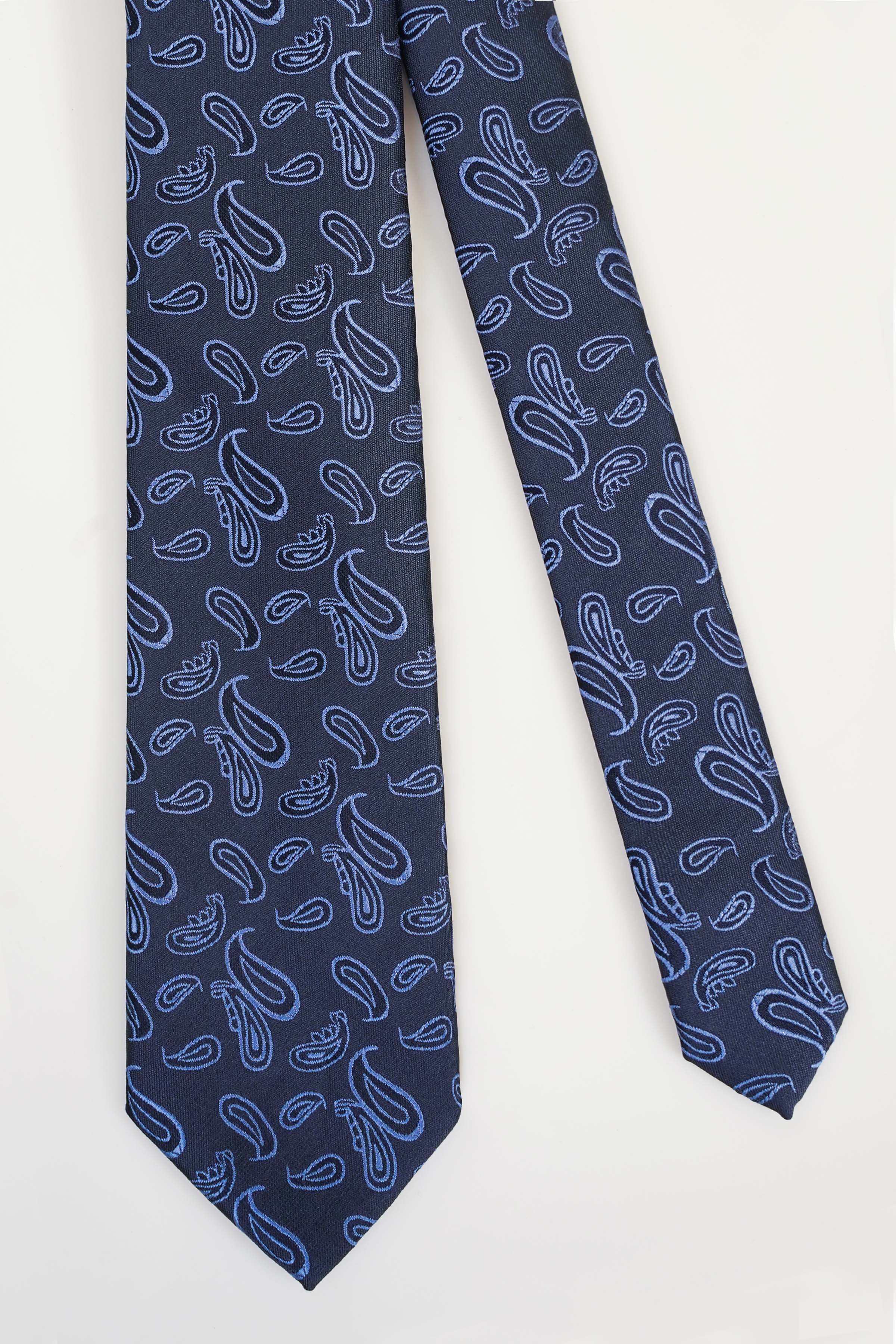 Blue poly silk tie with narrow paisley pattern and pointed ends