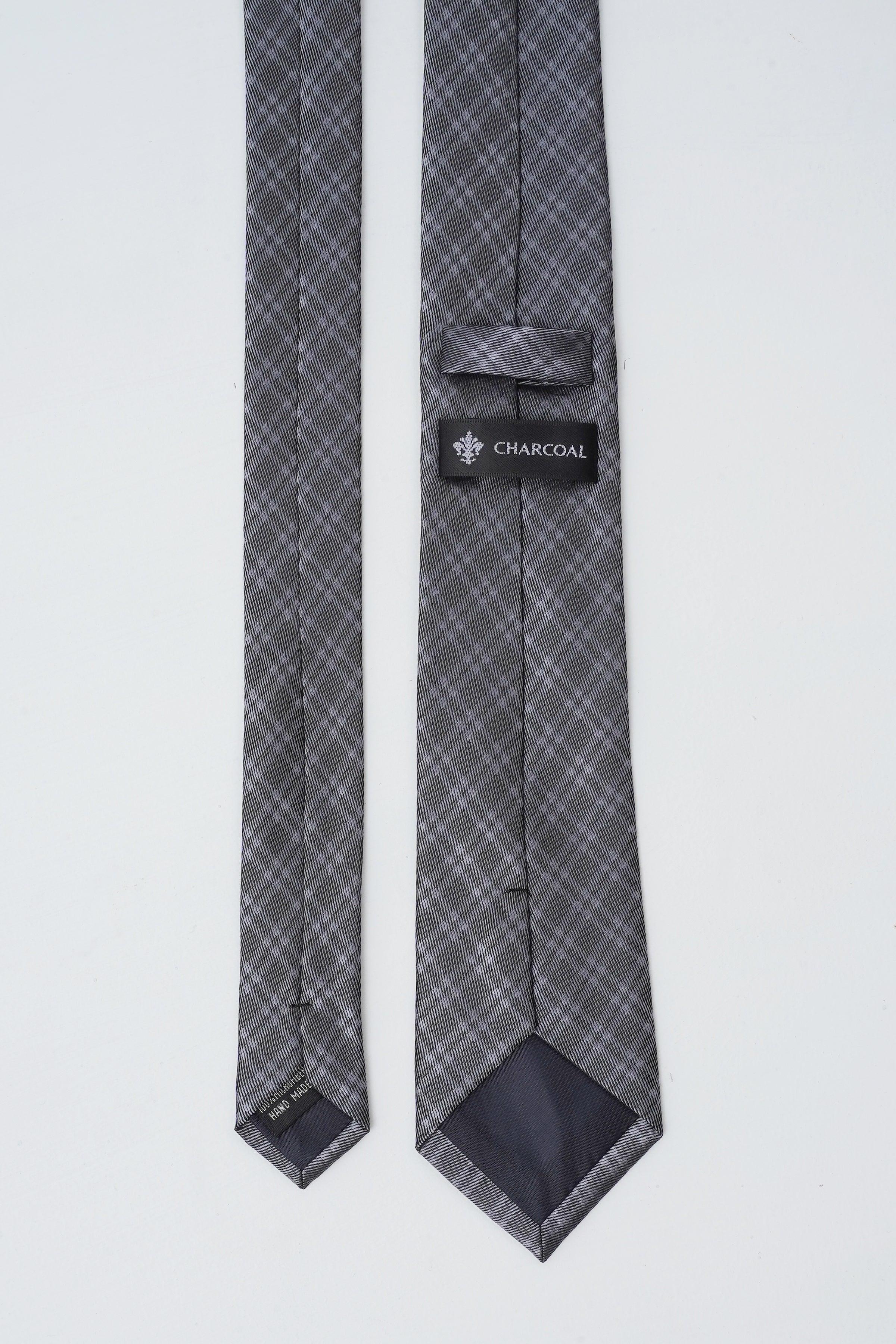 Poly silk tie, dark plaid pattern with woven logo label