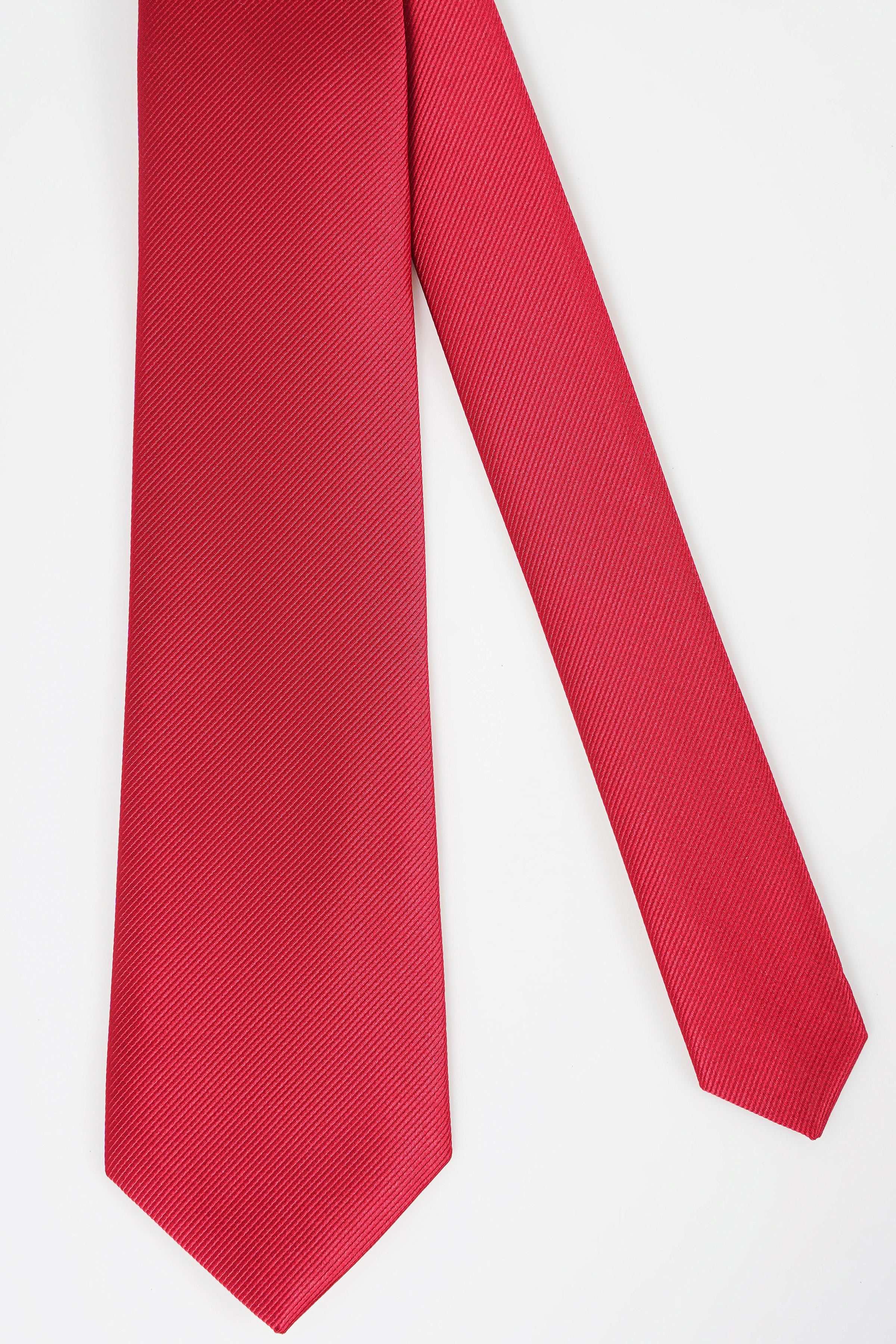 Red poly silk necktie with narrow woven stripe texture, straight hanging