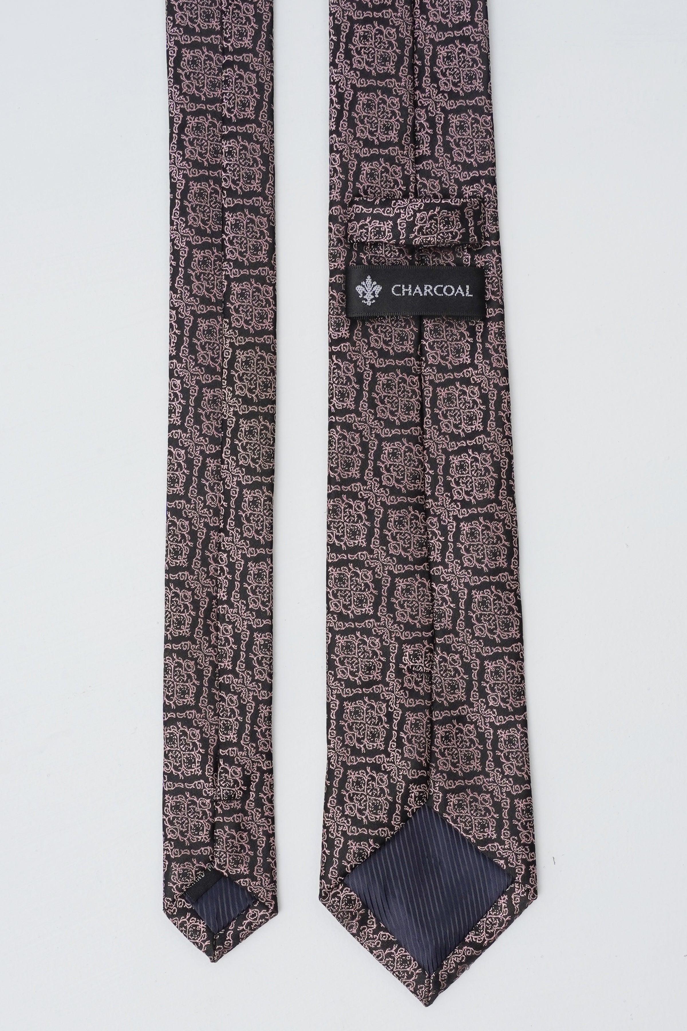 Charcoal poly silk tie with square pattern and CHARCOAL label