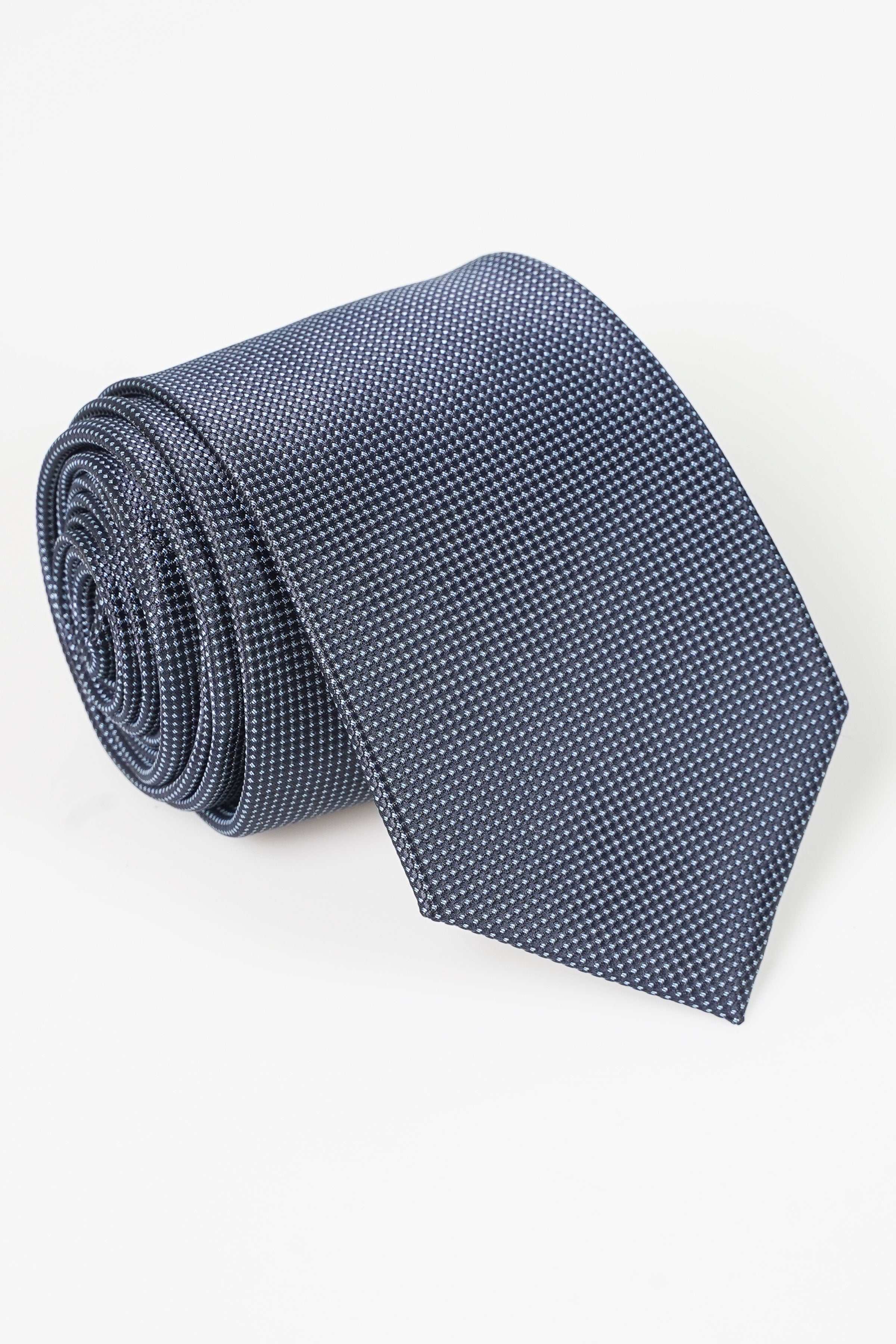 Poly silk tie, dark blue dotted weave, rolled
