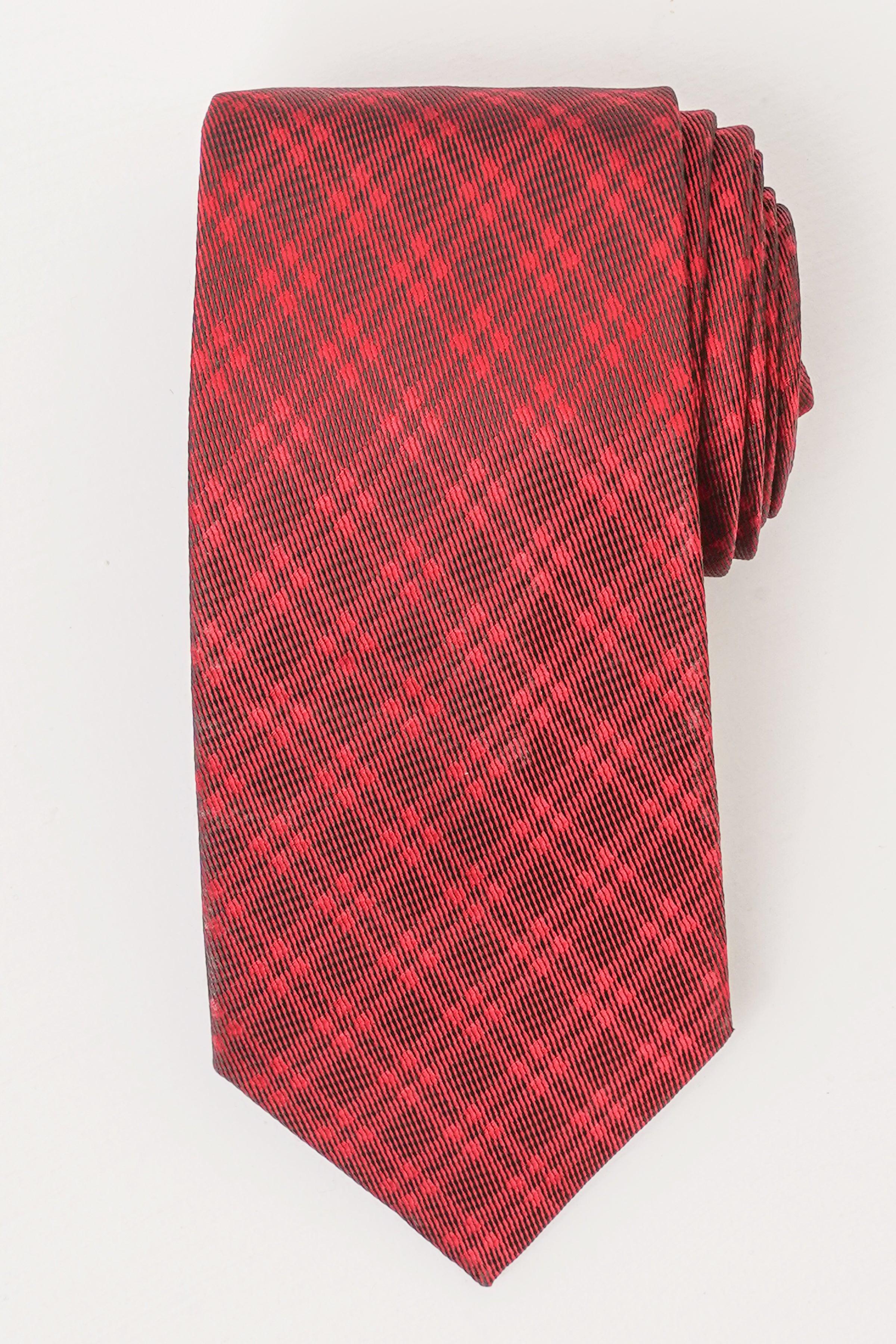 Red poly silk tie with fine check pattern