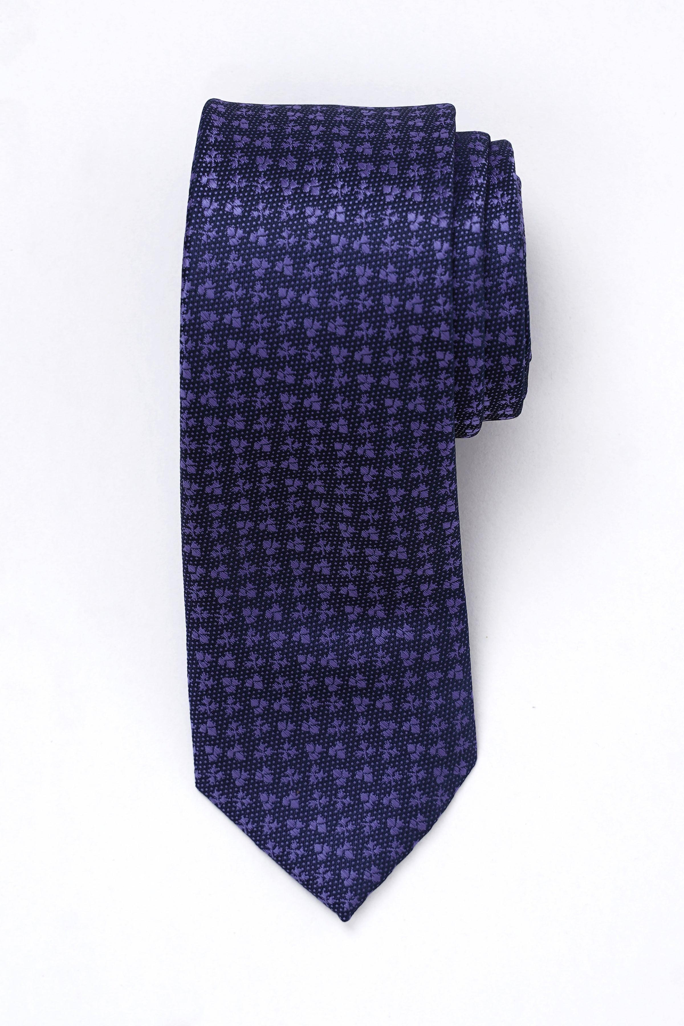 Geometric-pattern poly silk tie in dark navy, folded with pointed tip
