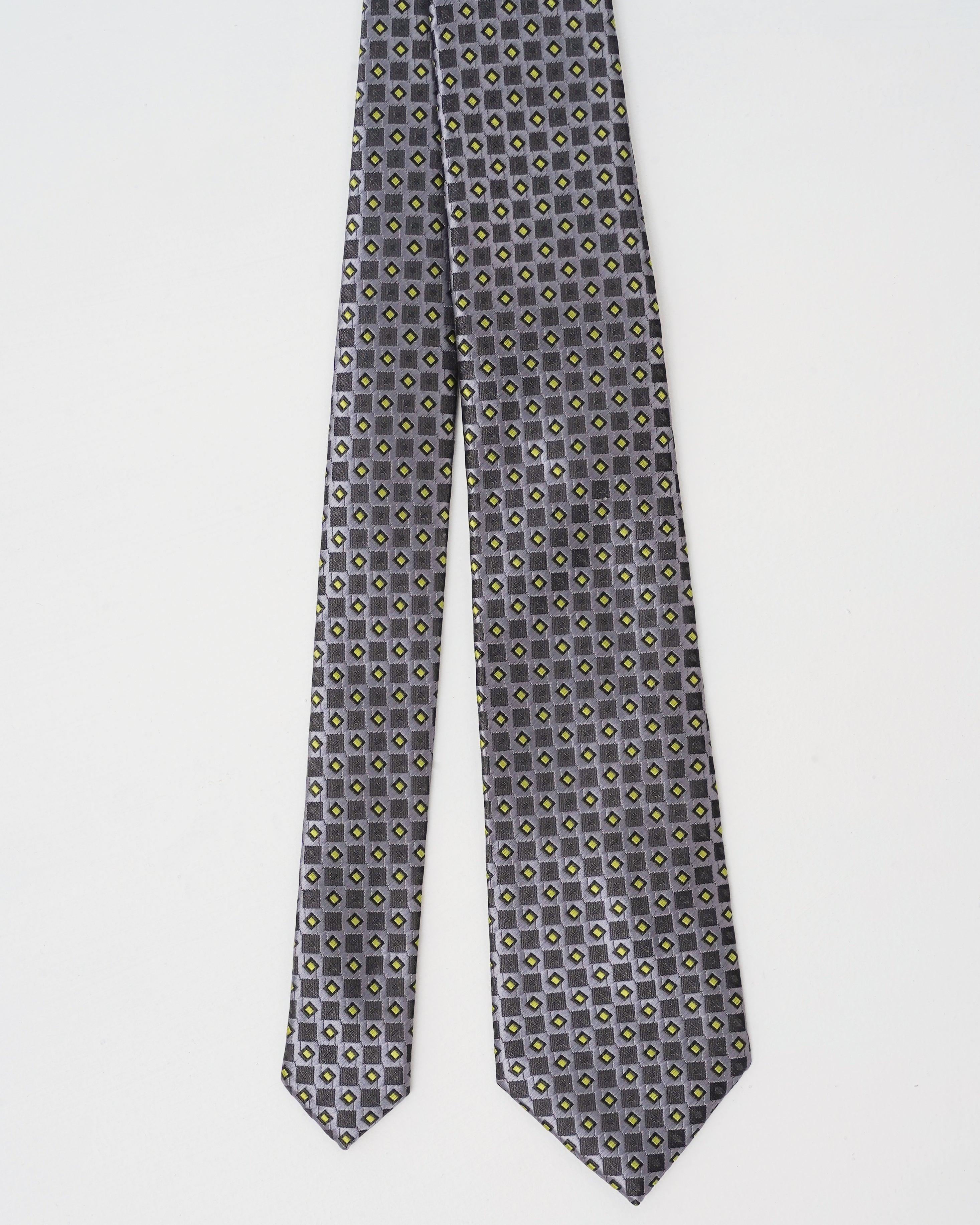 Poly silk tie, dark gray with small geometric squares pattern, long pointed ends