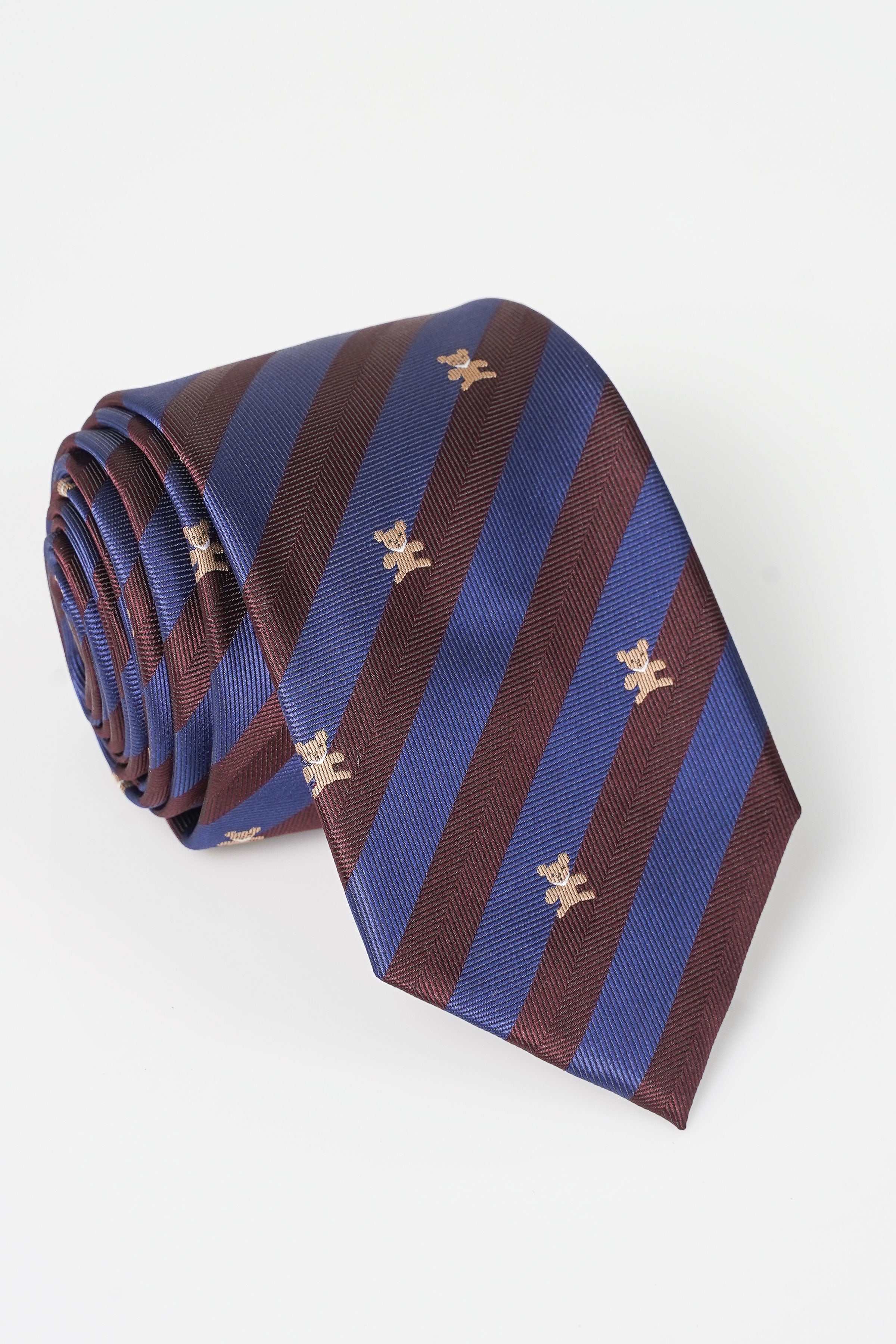 Folded striped poly silk necktie with fleur-de-lis pattern, blue and brown