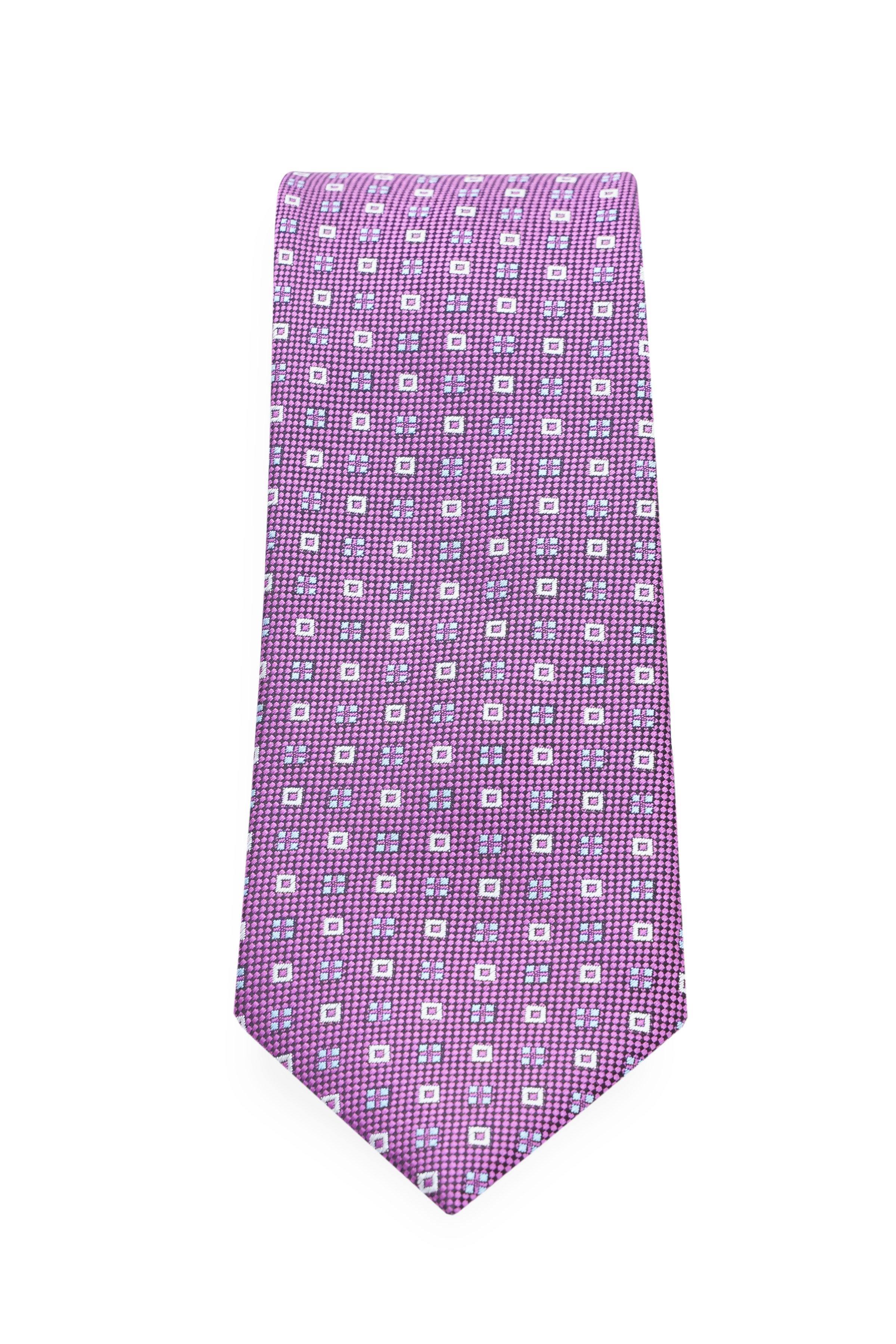 Poly silk tie in purple with small white square pattern.