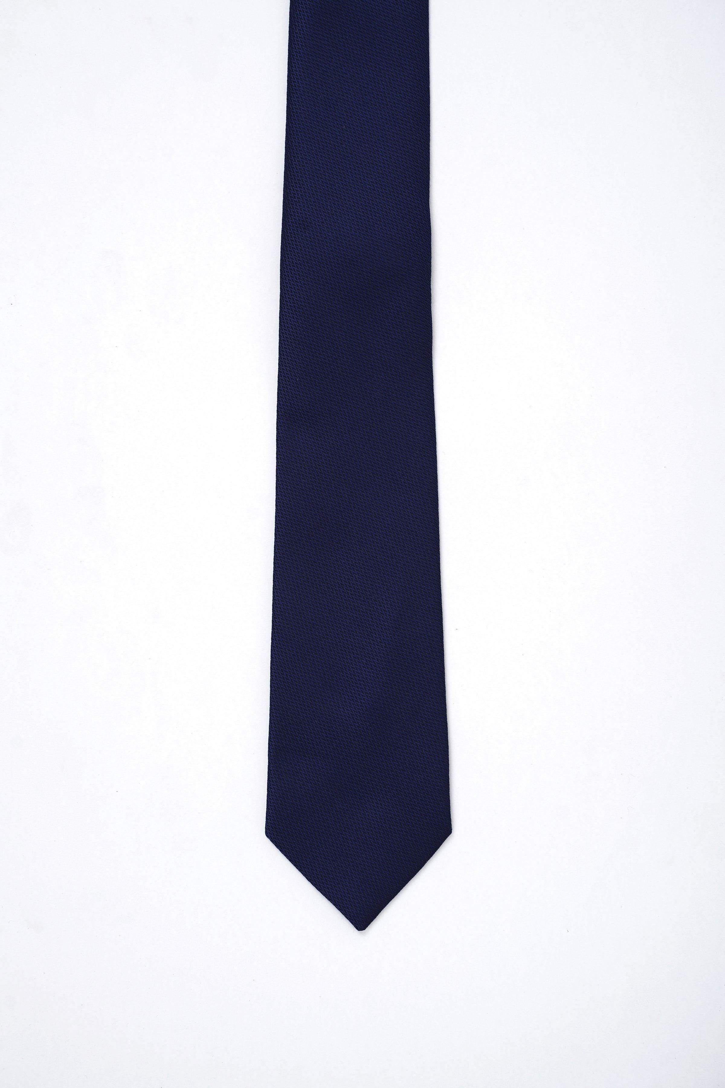 Dark navy poly silk necktie, smooth finish with pointed end