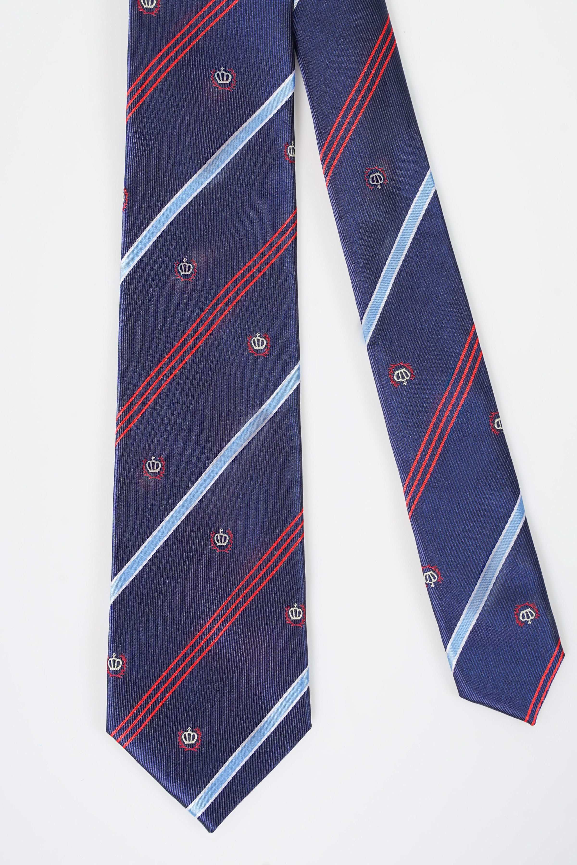 Navy poly silk tie with light blue diagonal bands, red stripe lines, repeat logos