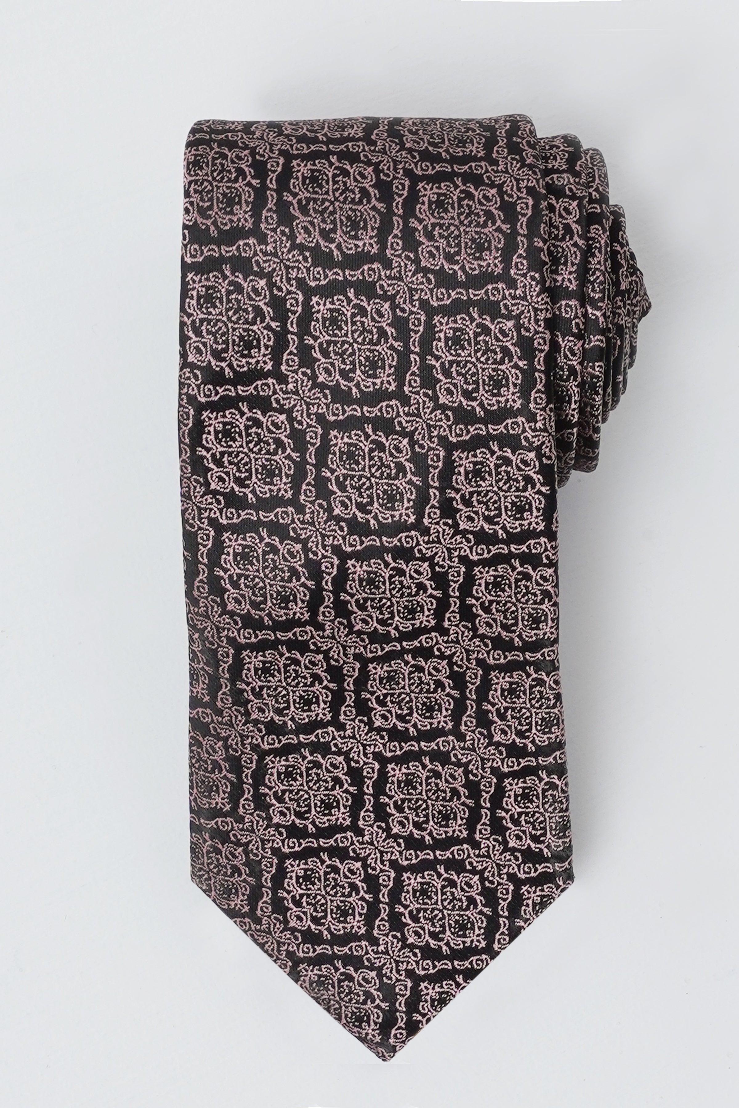 Charcoal poly silk tie with ornate square pattern