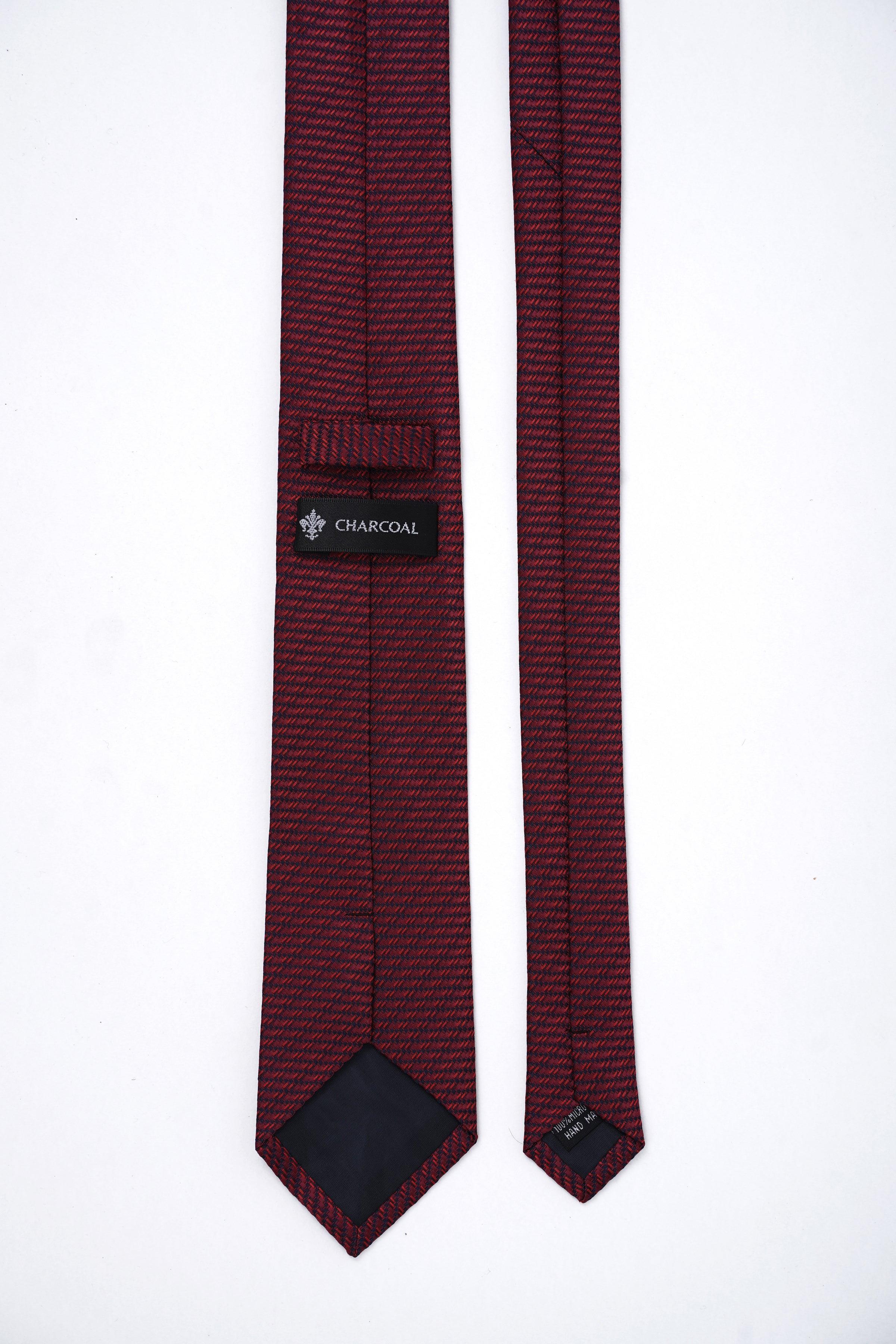 Burgundy textured neckties with Charcoal label and stitched diamond ends
