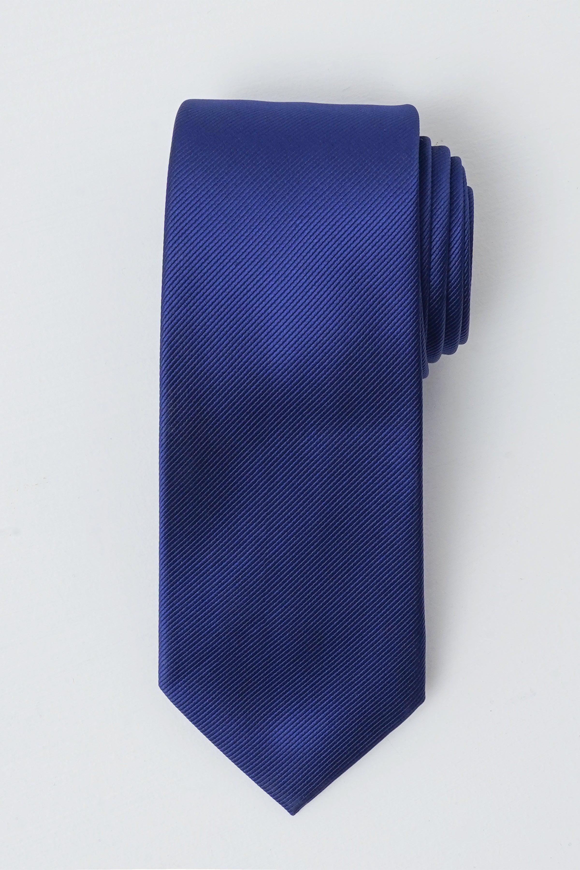 Blue textured polyester silk tie with classic blade, neatly folded