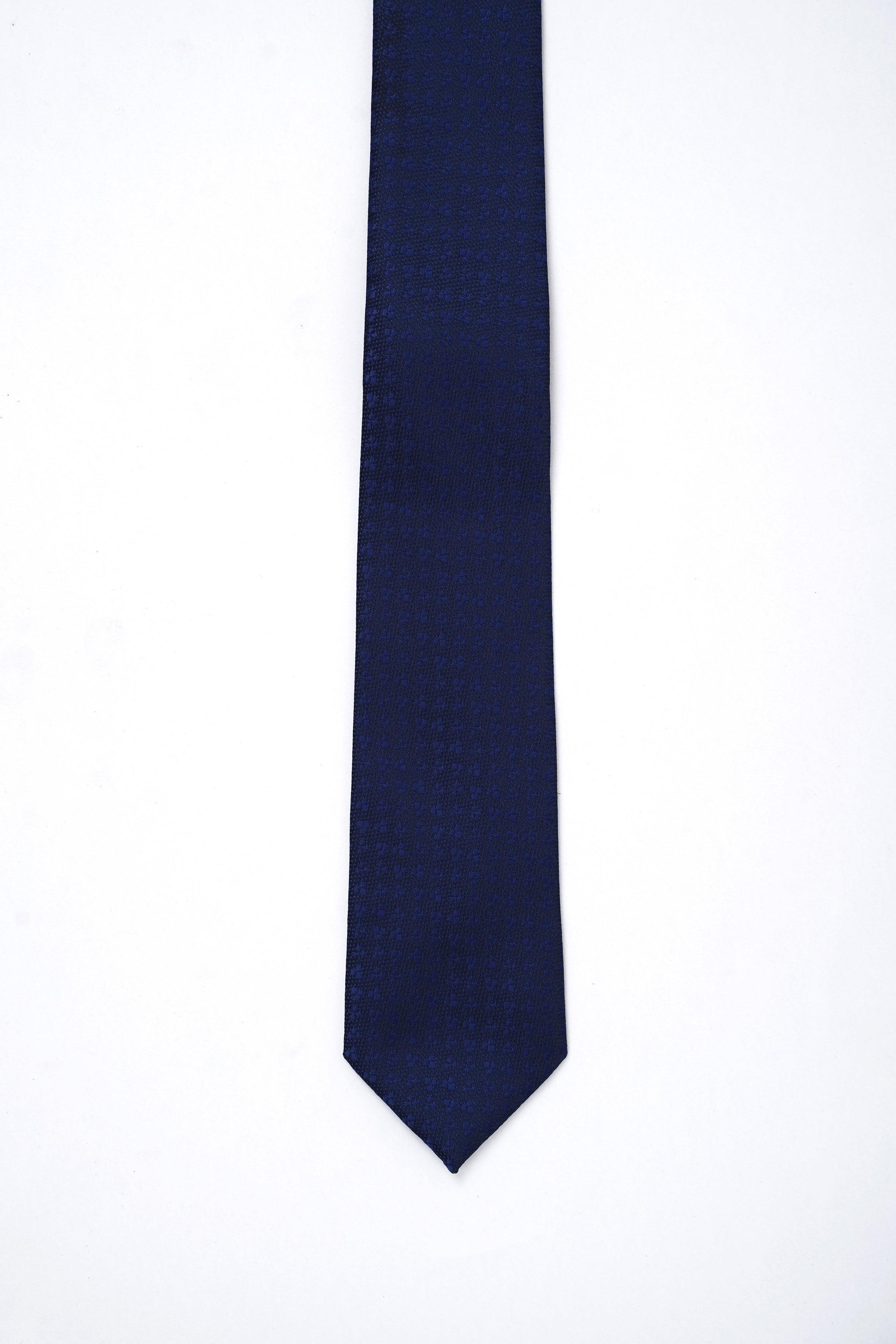 Poly silk tie in dark navy with subtle woven texture, pointed tip