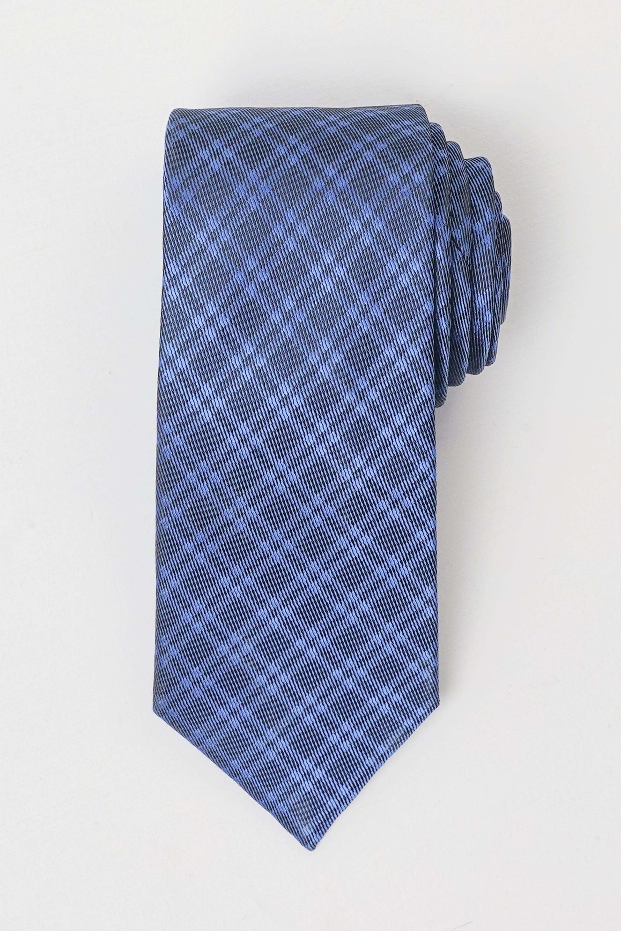 Blue plaid poly silk tie, narrow woven pattern
