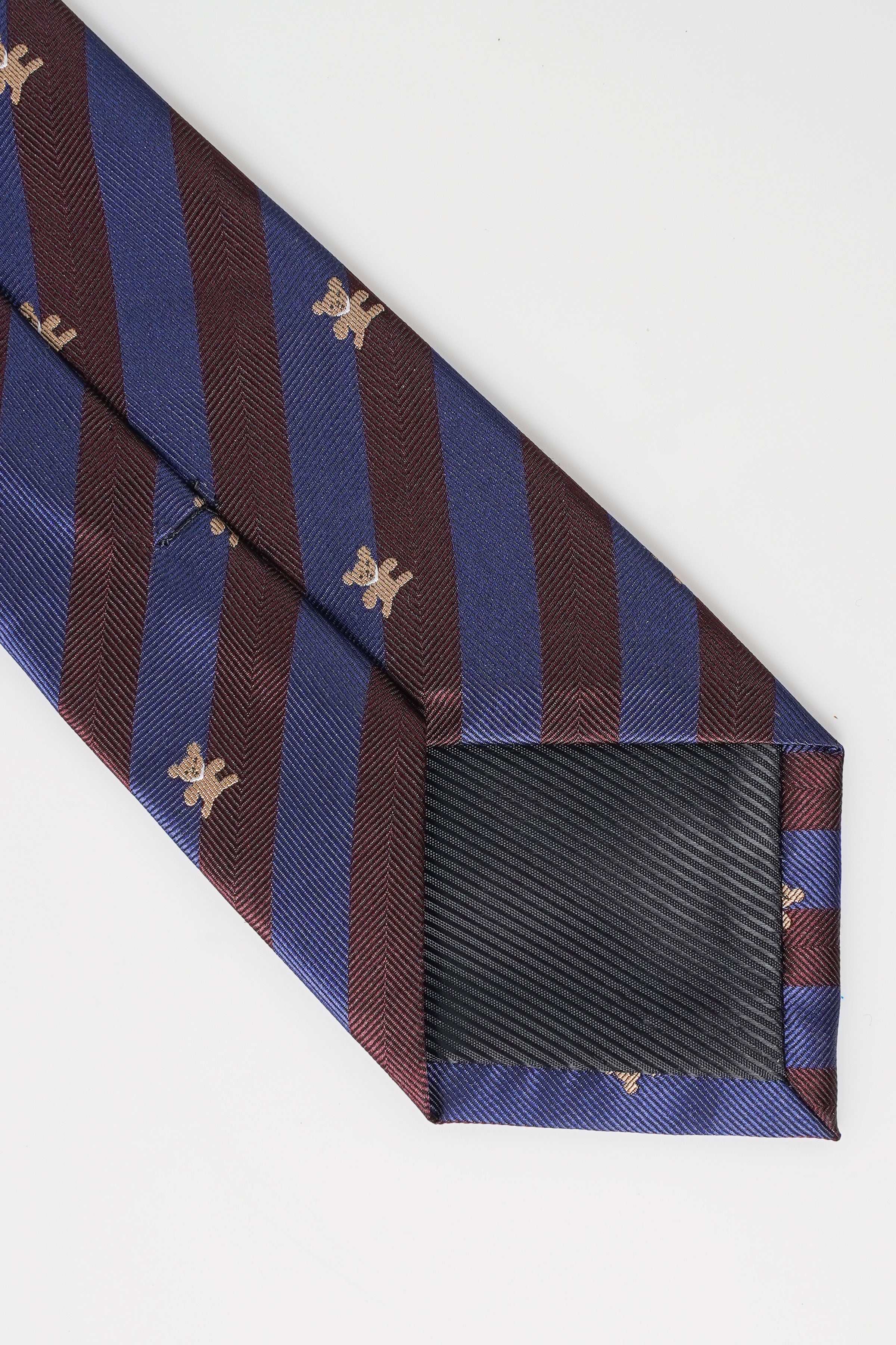 Striped poly silk necktie with fleur-de-lis motifs, blue and brown