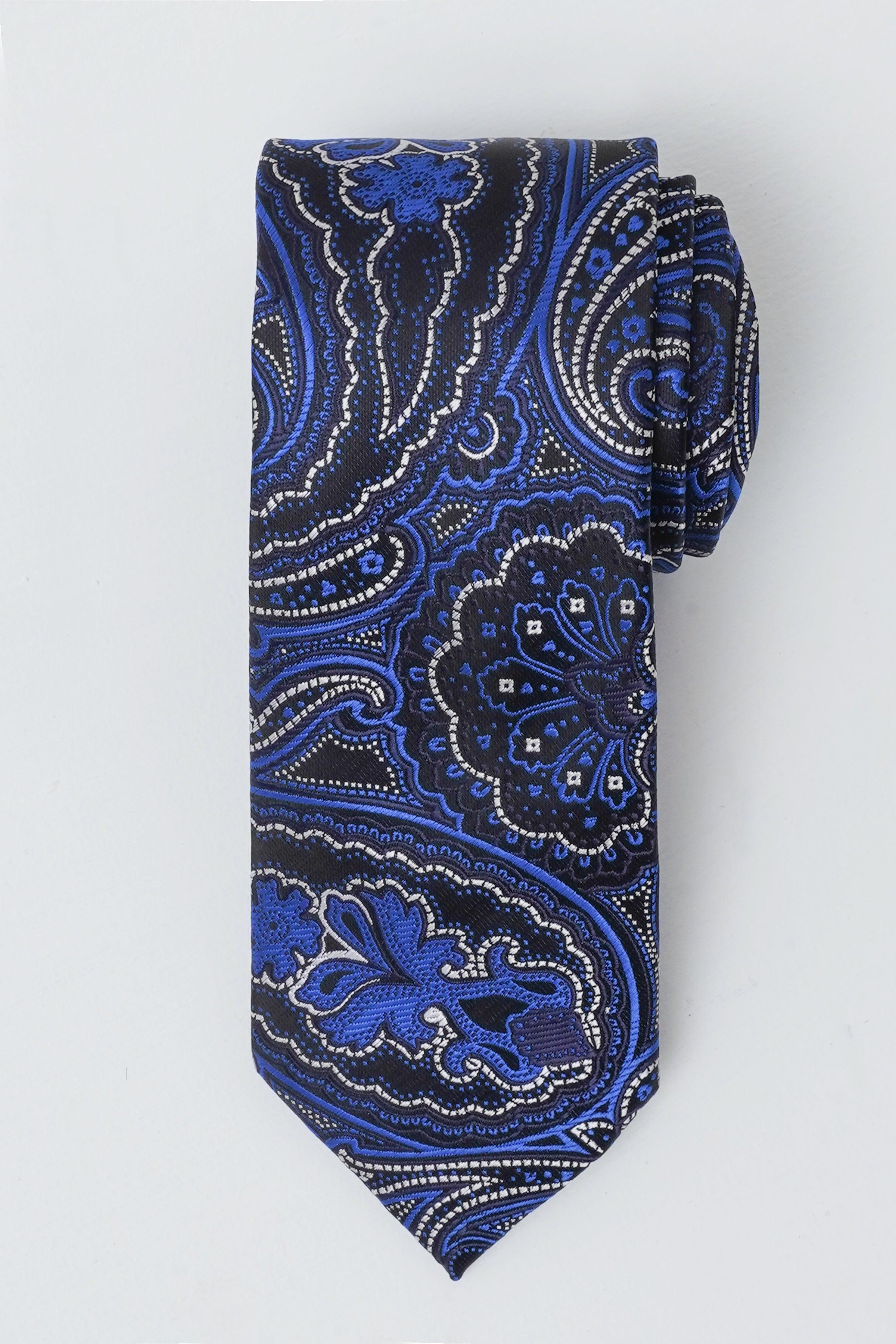 Poly silk tie with navy and royal blue paisley pattern, narrow pointed end
