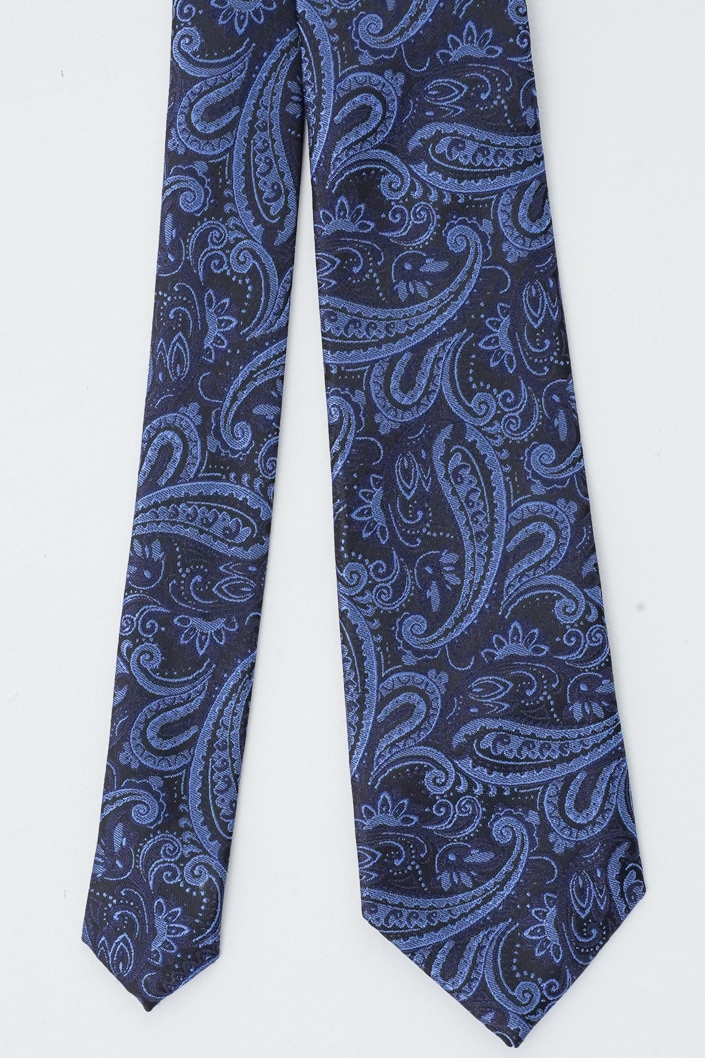 Paisley necktie in dark navy with blue swirls, pointed end