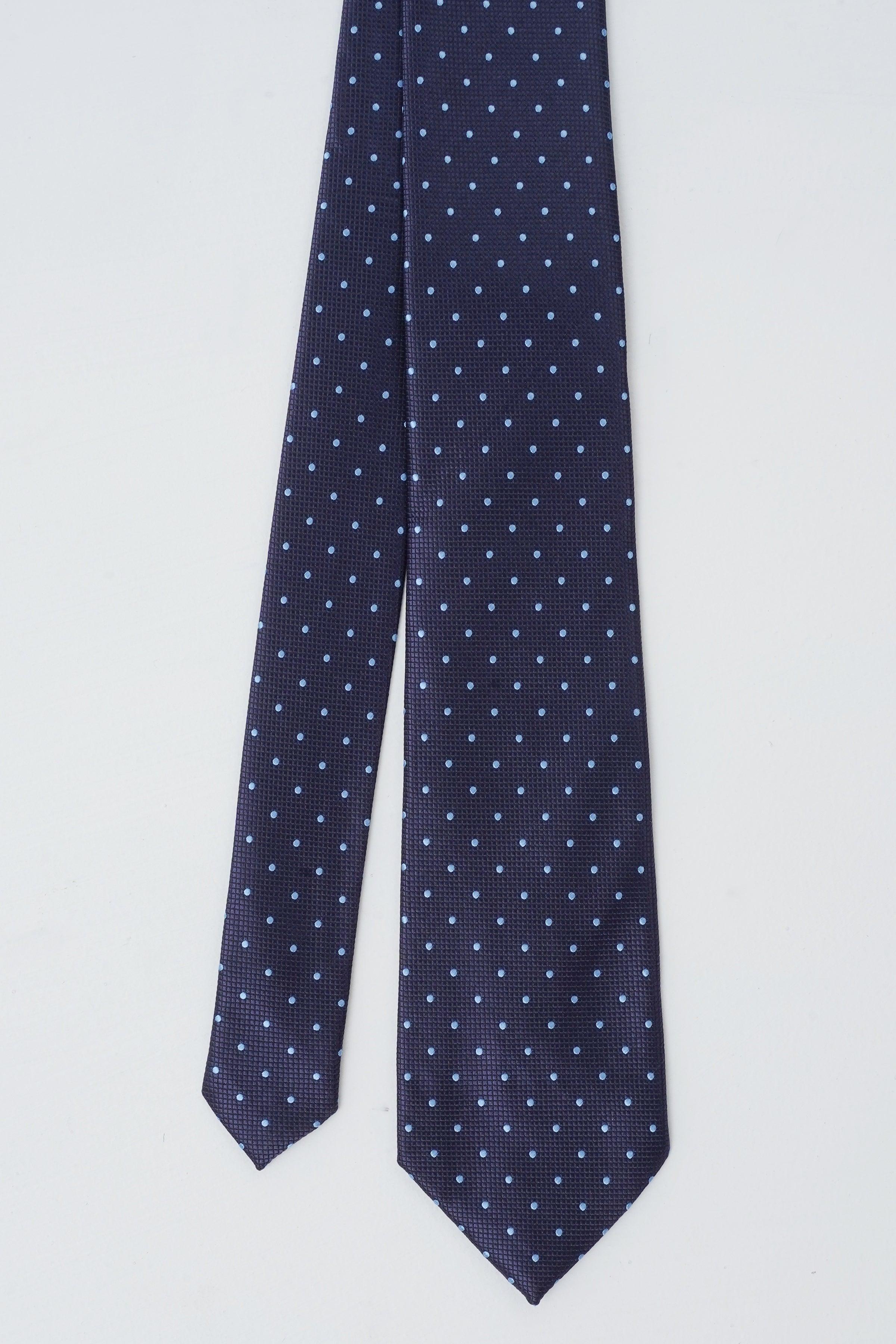 Poly silk tie with dark navy micro dot pattern