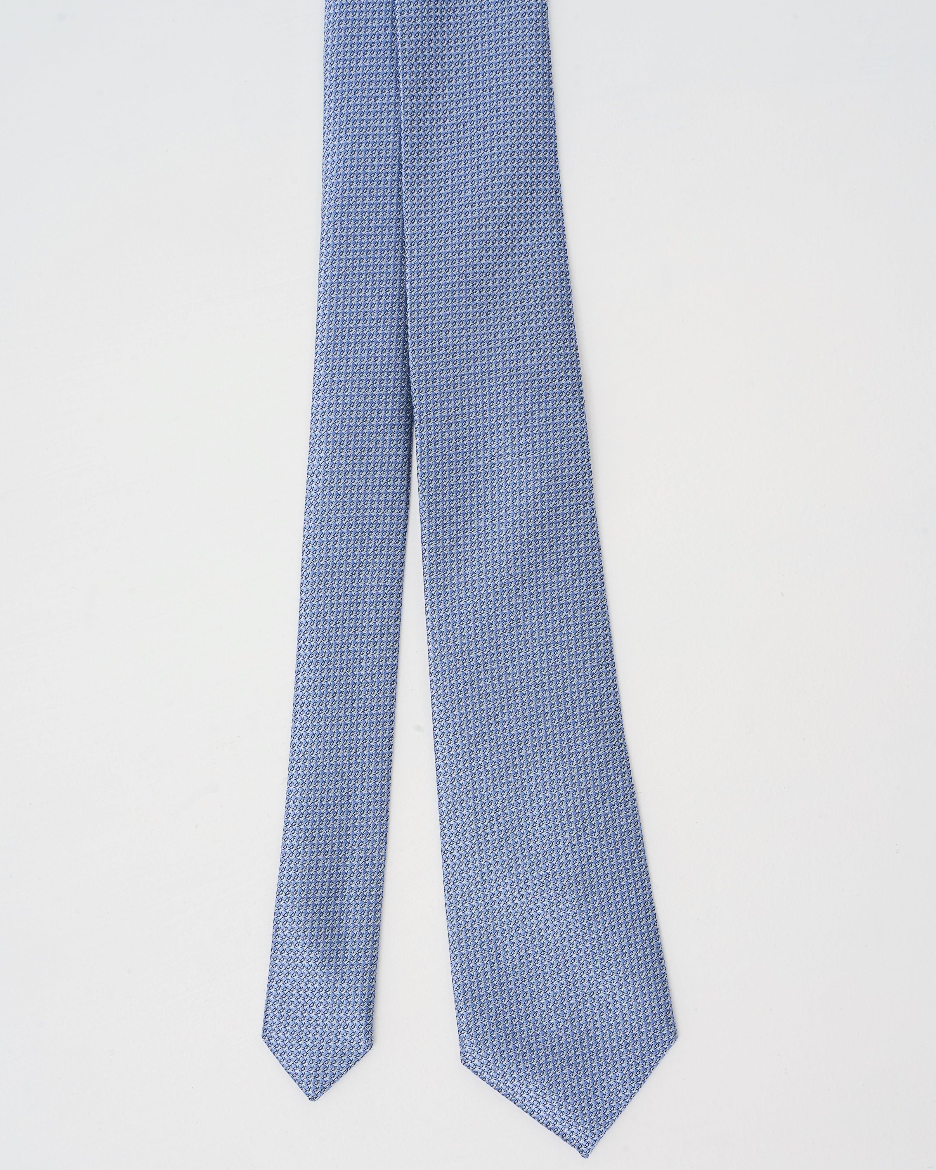Blue woven necktie shown with both ends