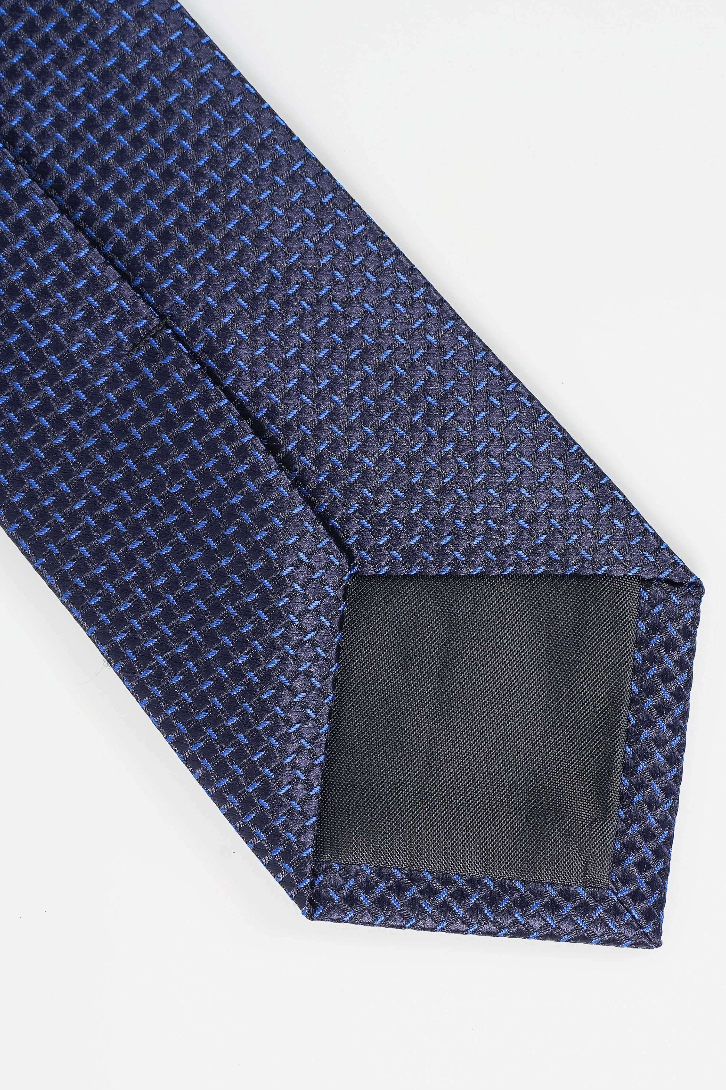 Poly silk tie dark blue textured weave with folded end and pocket label