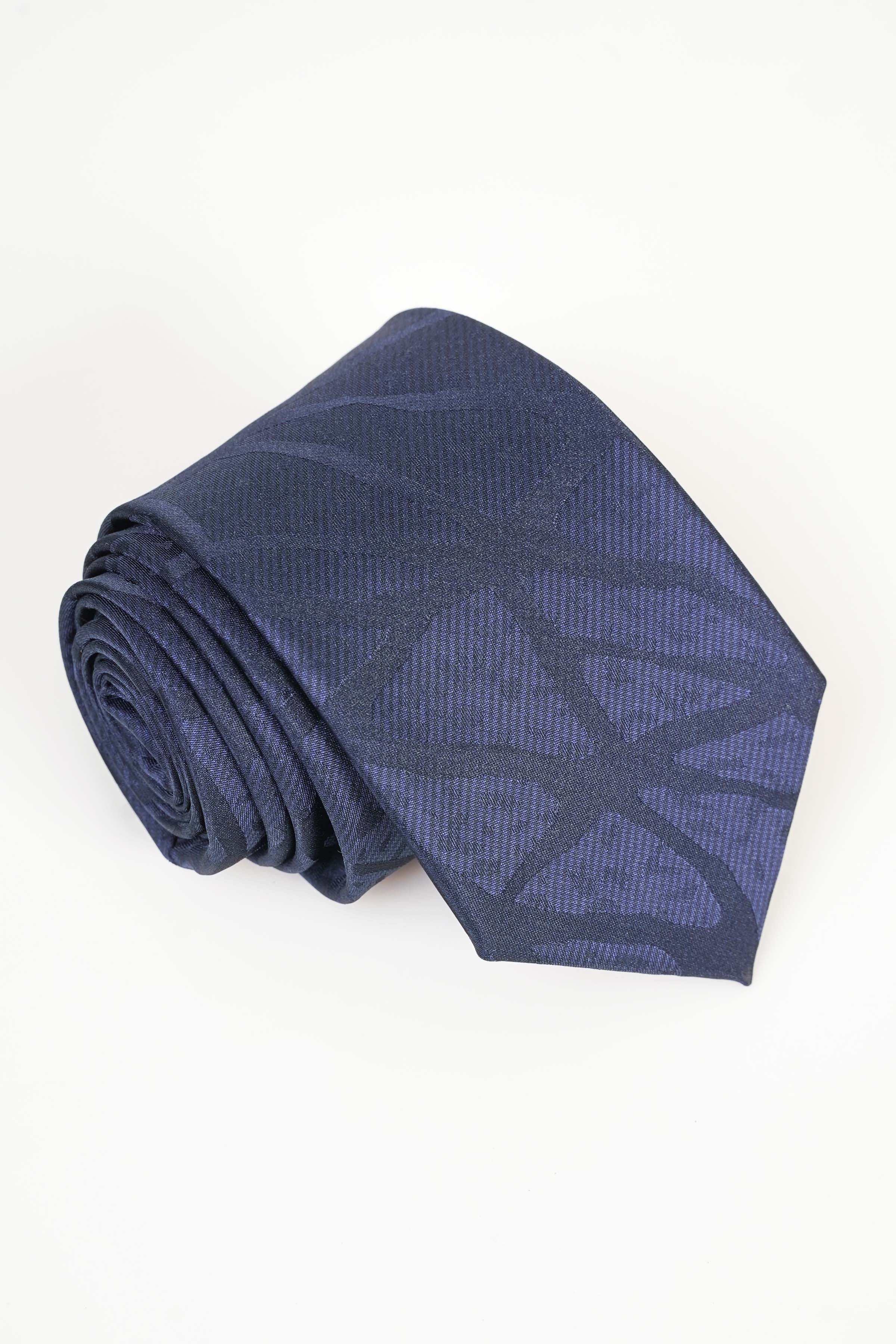 Navy poly silk tie with dark leaf pattern