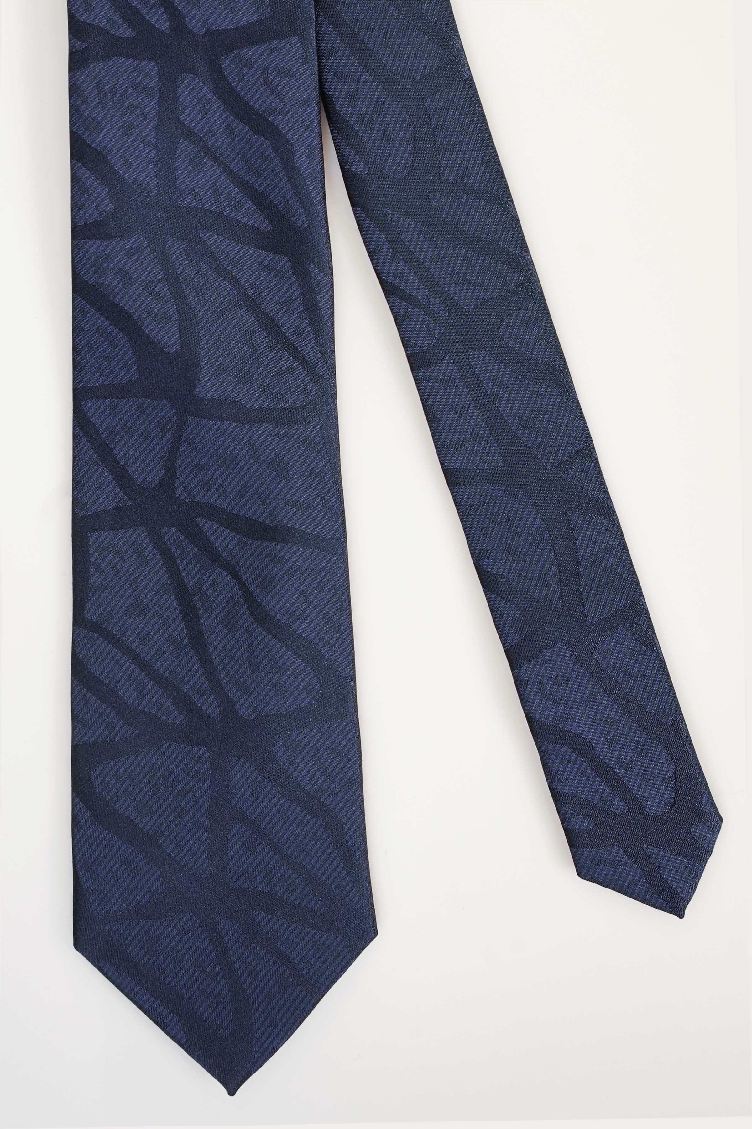 Navy poly silk tie with leaf motif, straight view