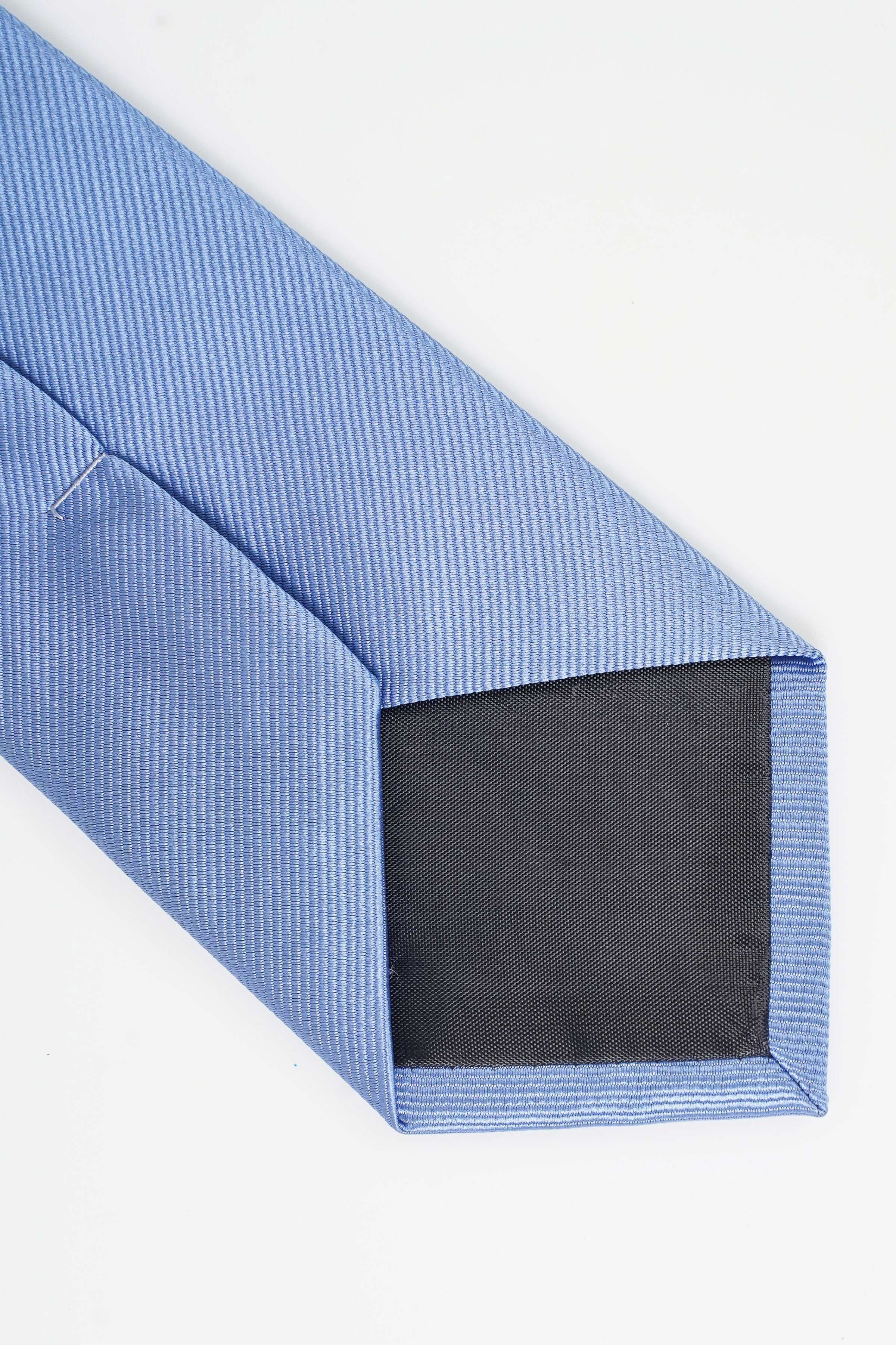 Light blue poly silk tie tip showing inner lining