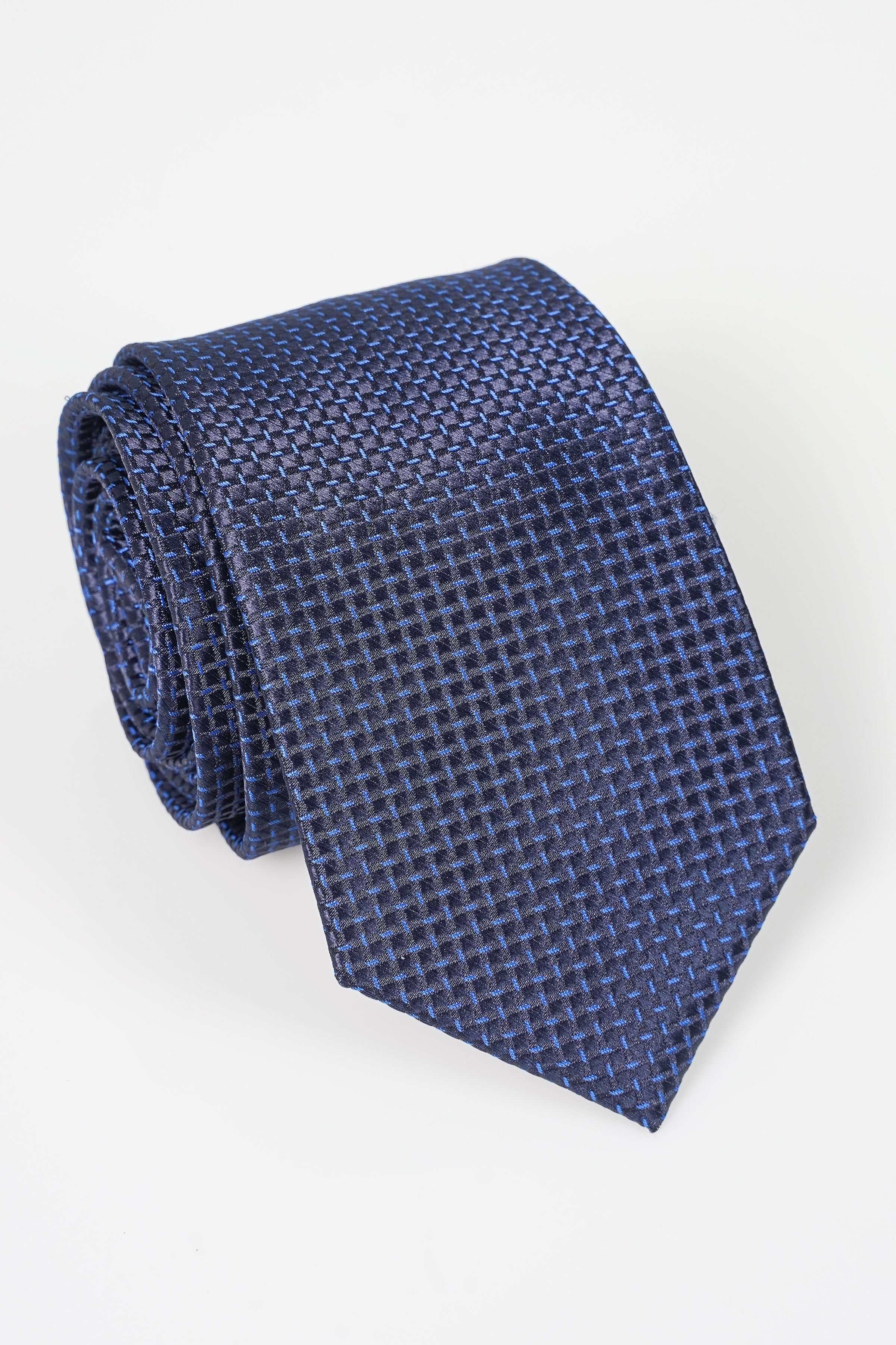 Poly silk tie dark blue textured weave with narrow diagonal pattern