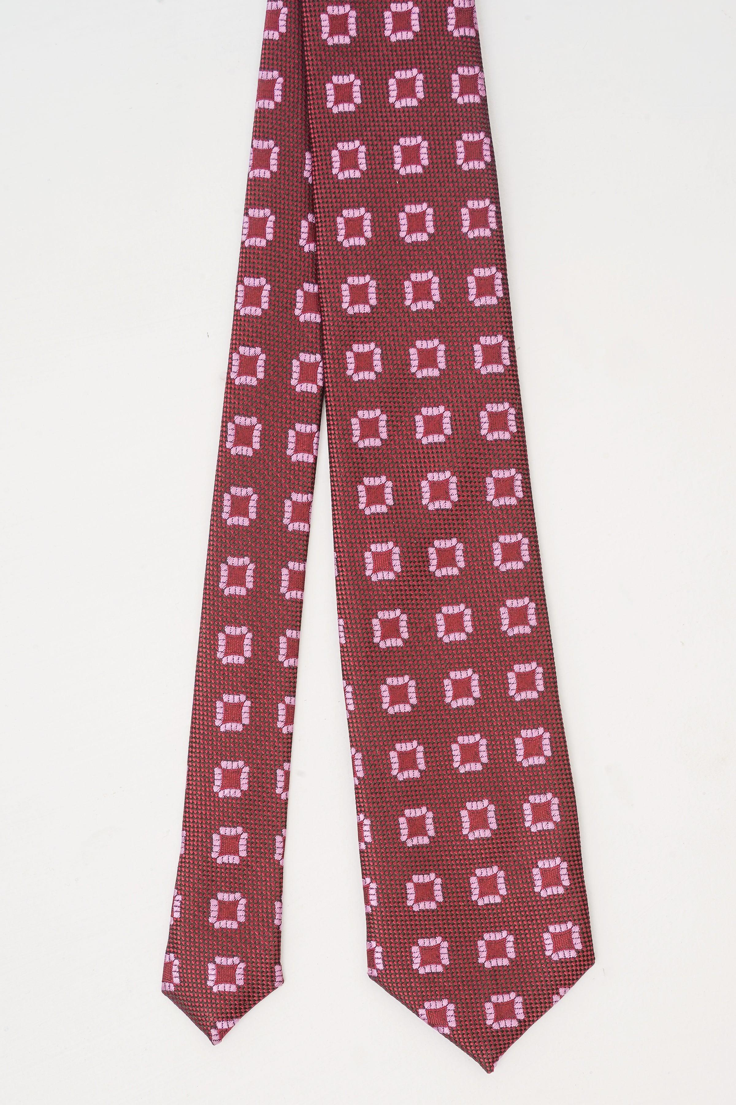 Poly silk tie dark red with white square pattern, pointed end