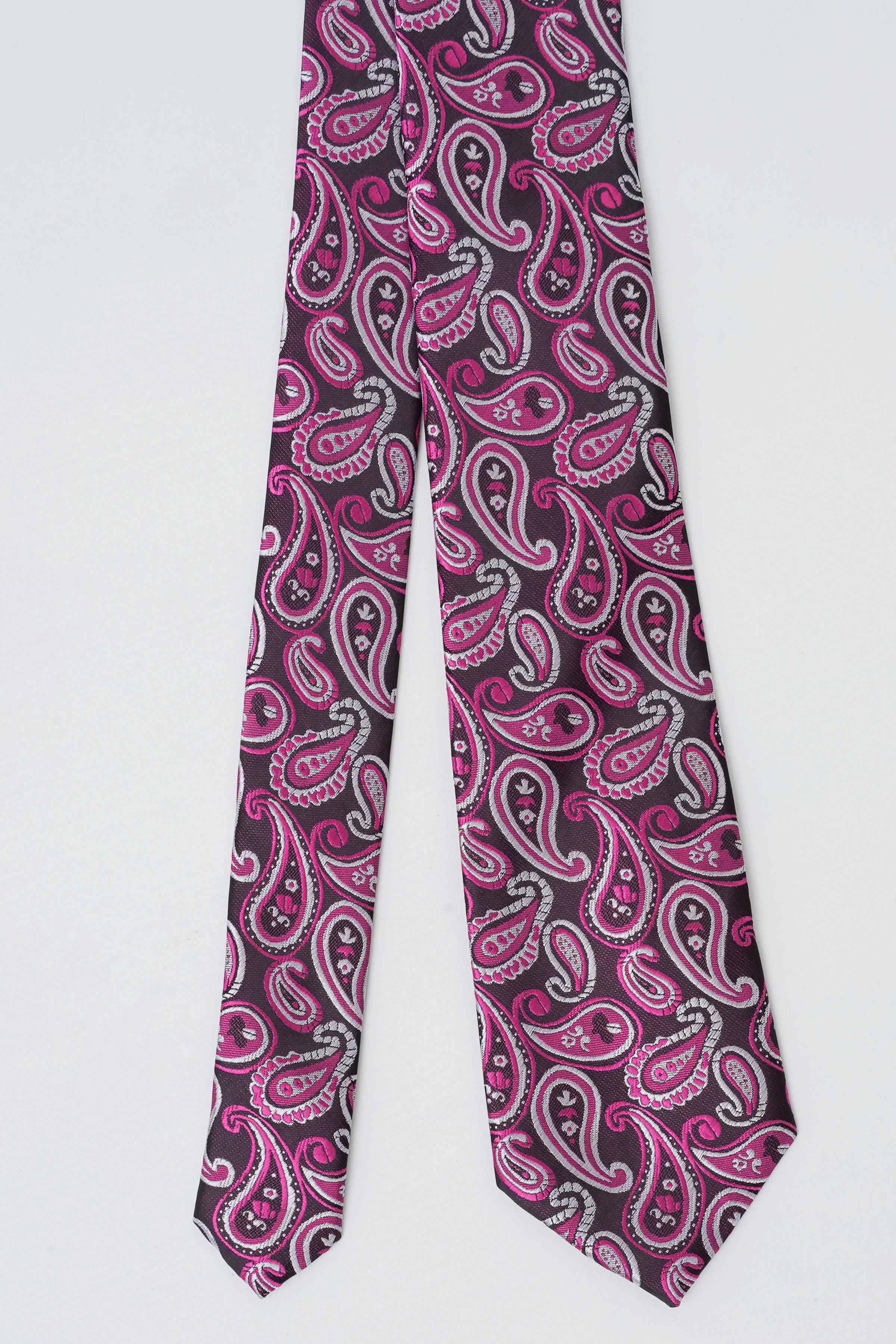 Poly silk tie with paisley print, straight hanging ends in dark purple and pink