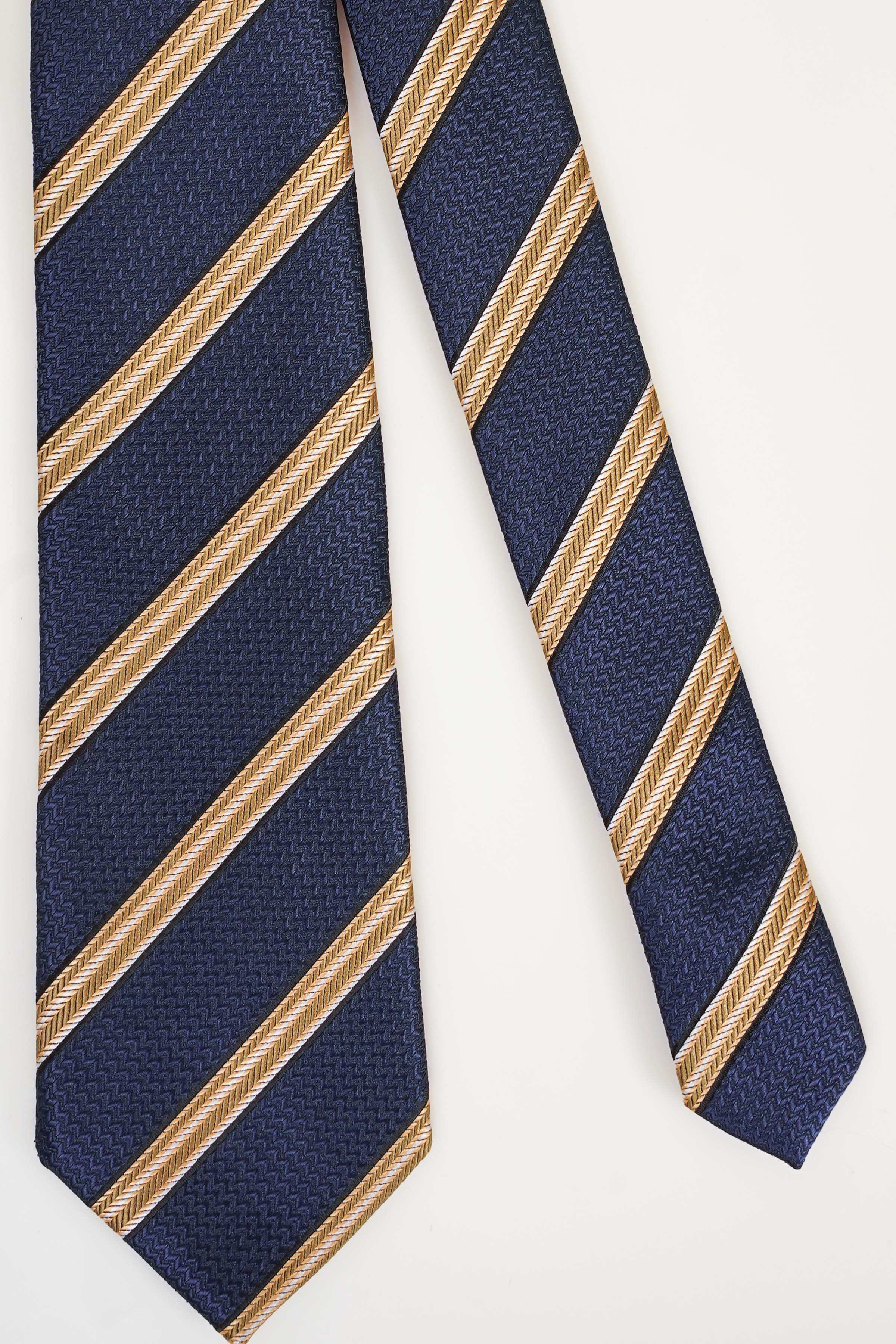 Navy necktie with gold diagonal stripe pattern and pointed tip