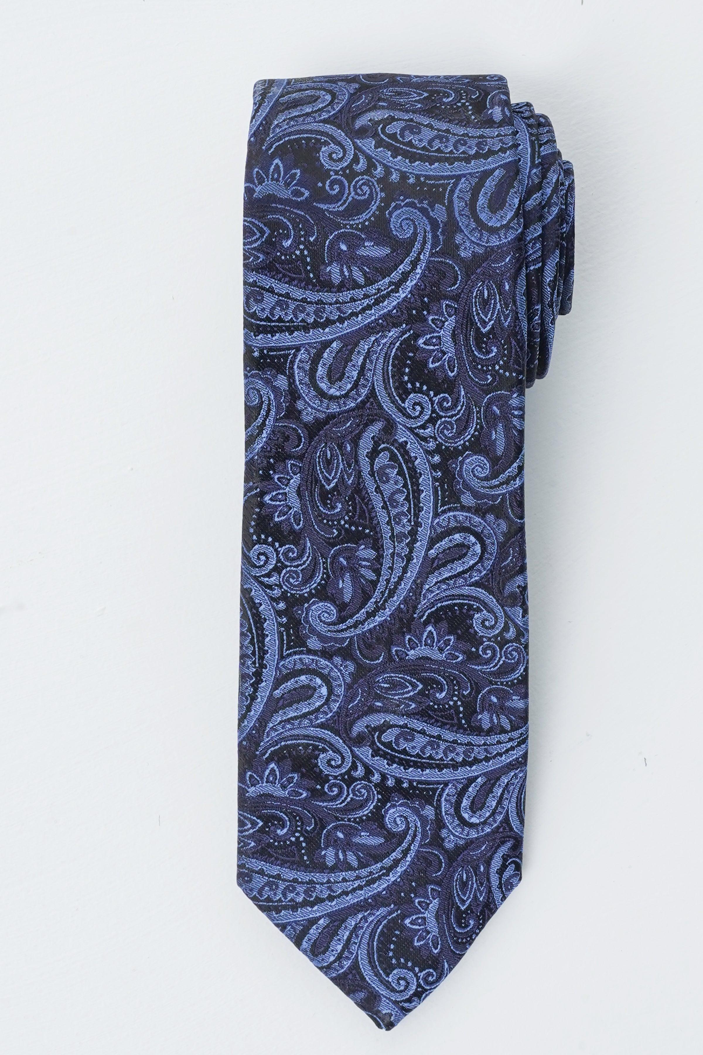 Paisley necktie, folded view, dark navy with blue ornate pattern