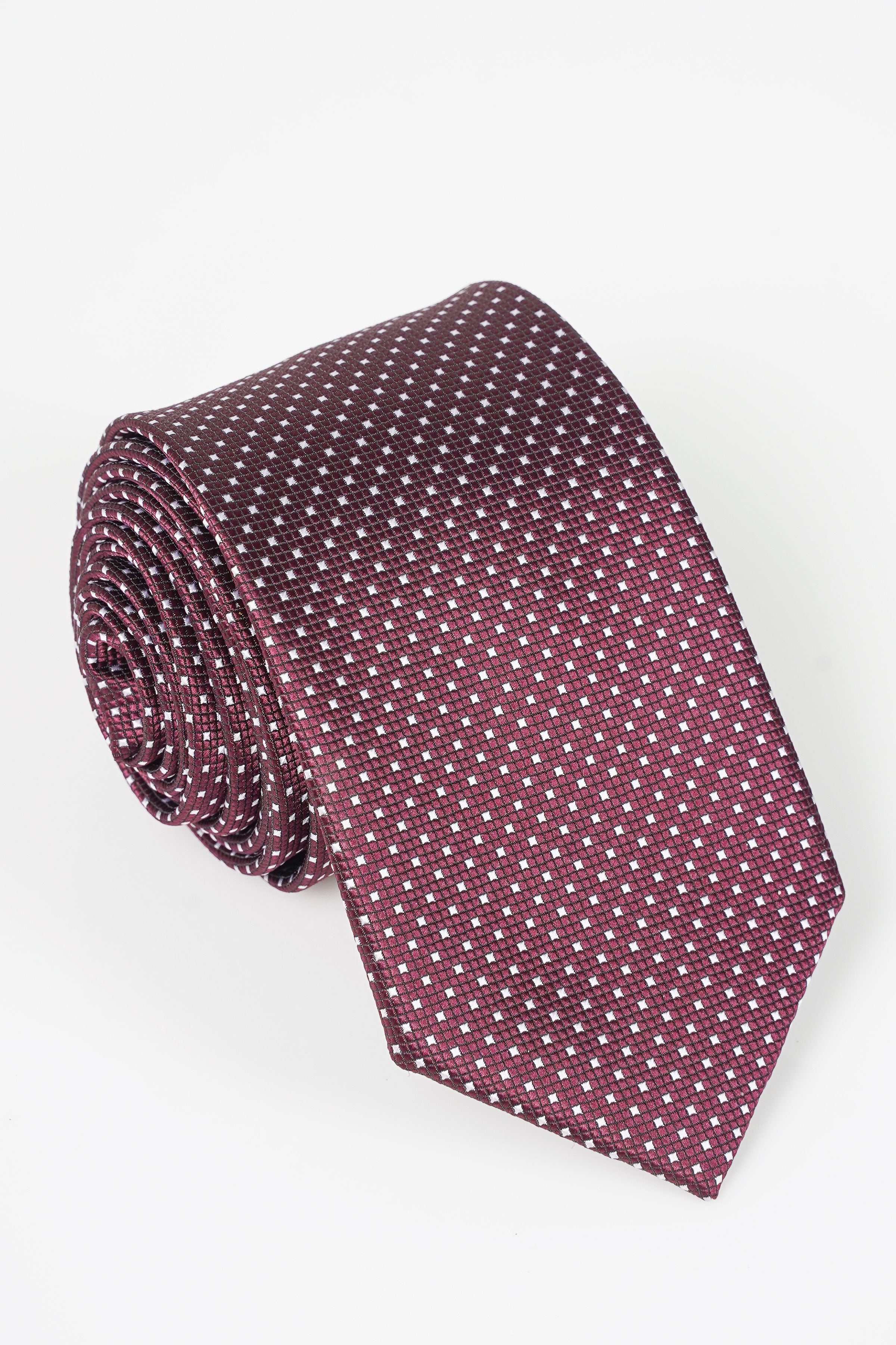 Poly silk tie in dark burgundy with small white dot grid pattern
