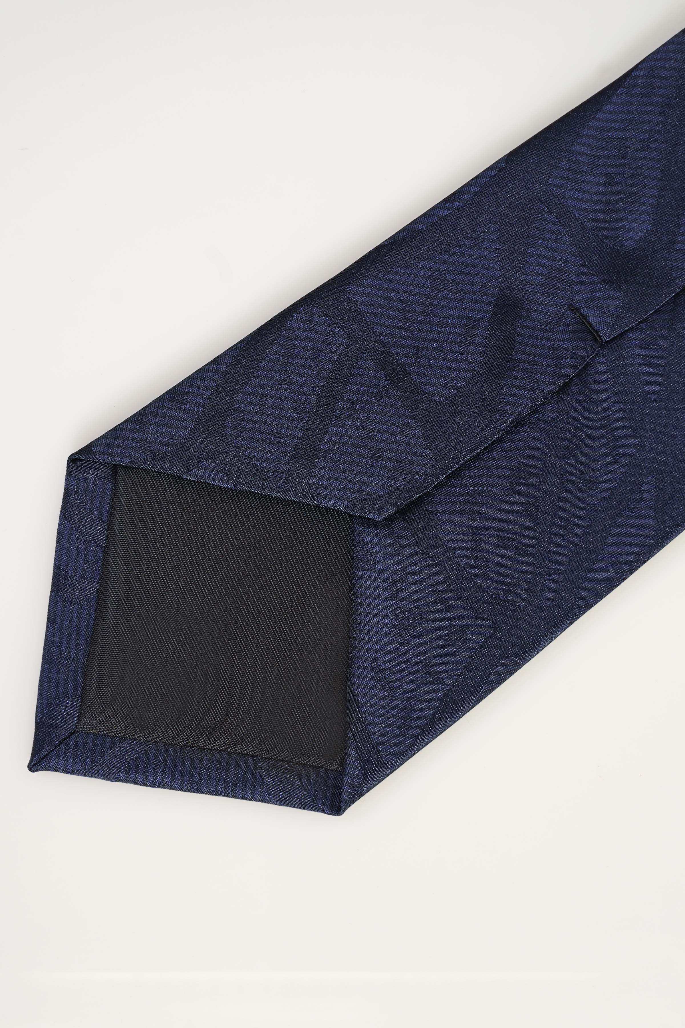 Navy poly silk tie with tonal leaf print, folded end