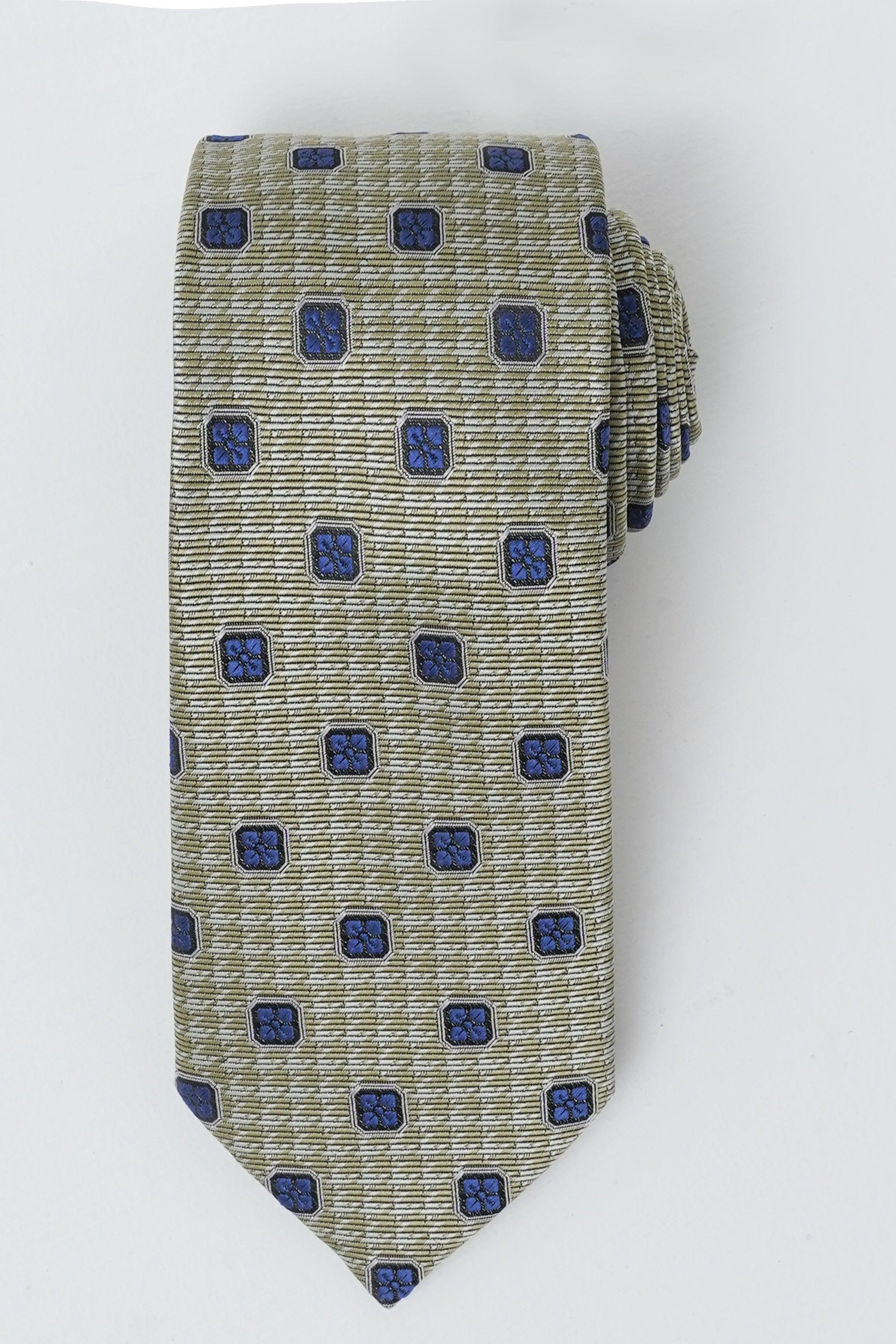 Poly silk tie in light green with navy square pattern, pointed ends