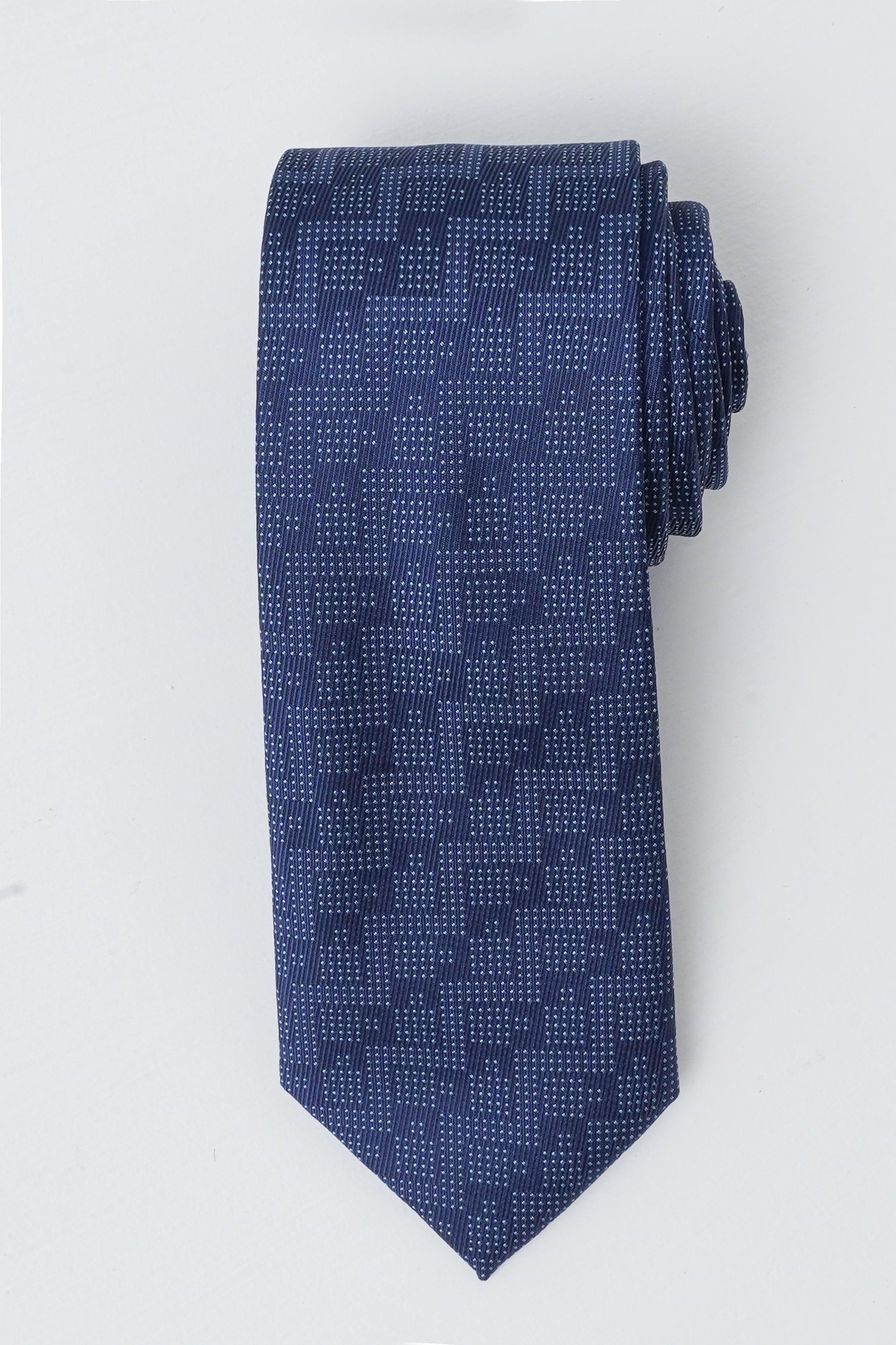 Navy blue poly silk tie with subtle geometric dot pattern, narrow width